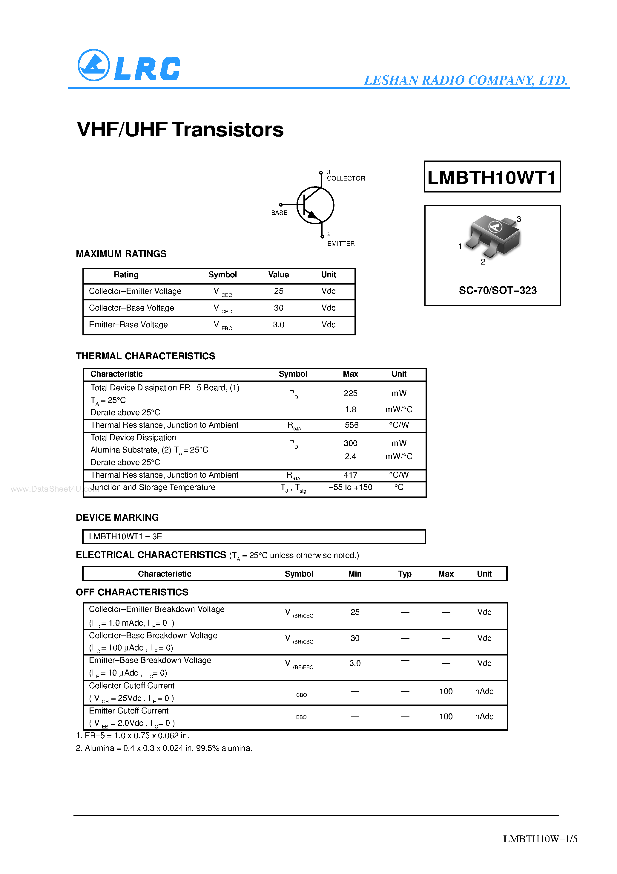 Даташит на микросхему LMBTH10WT1 страница 1 Даташит LMBTH10WT1 - Transistors страница 1