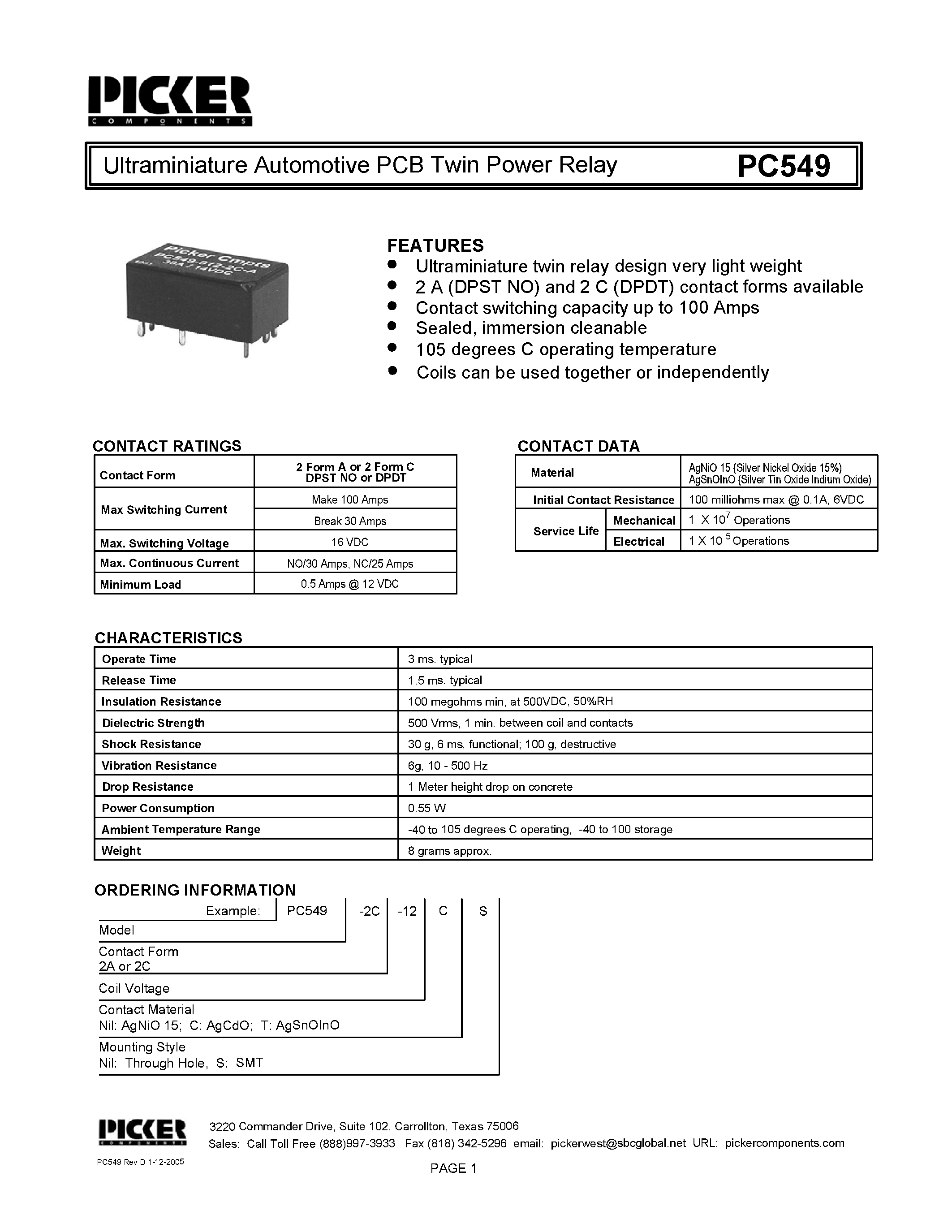 Datasheet PC549 - Ultraminiature Automotive PCB Twin Power Relay page 1