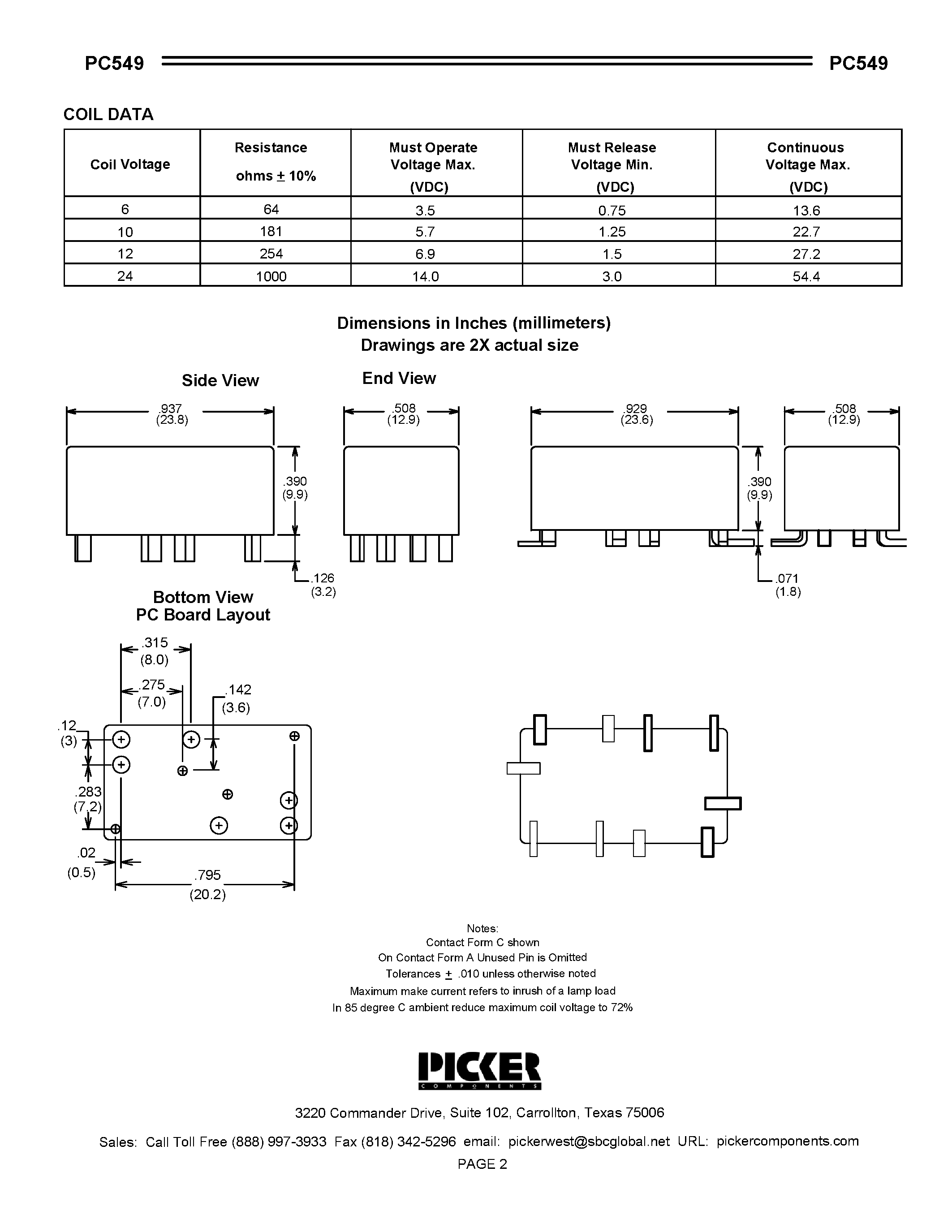 Datasheet PC549 - Ultraminiature Automotive PCB Twin Power Relay page 2