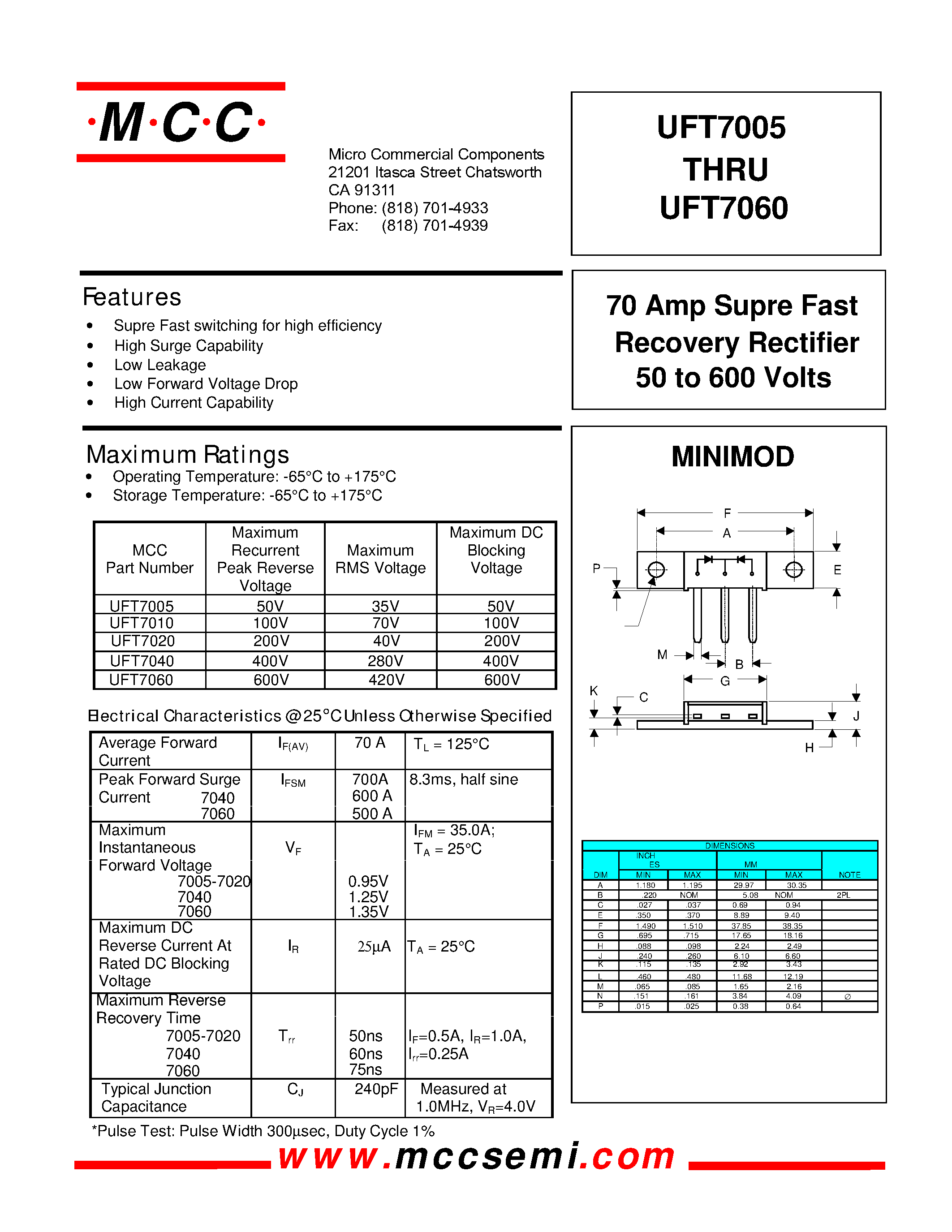 Datasheet UFT7005 - (UFT7005 - UFT7060) 70 Amp Supre Fast Recovery Rectifier page 1