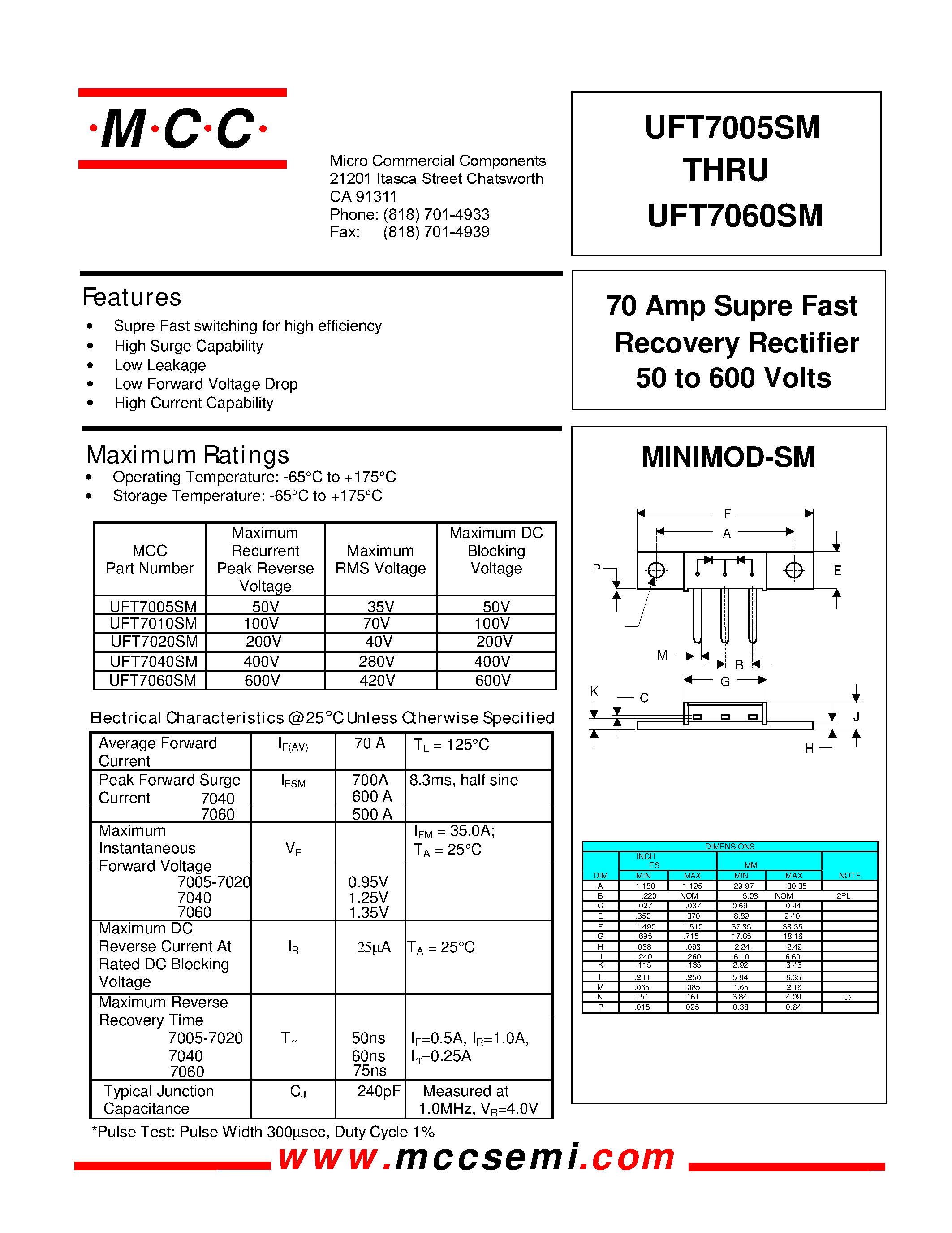 Datasheet UFT7005SM - (UFT7005SM - UFT7060SM) 70 Amp Supre Fast Recovery Rectifier page 1