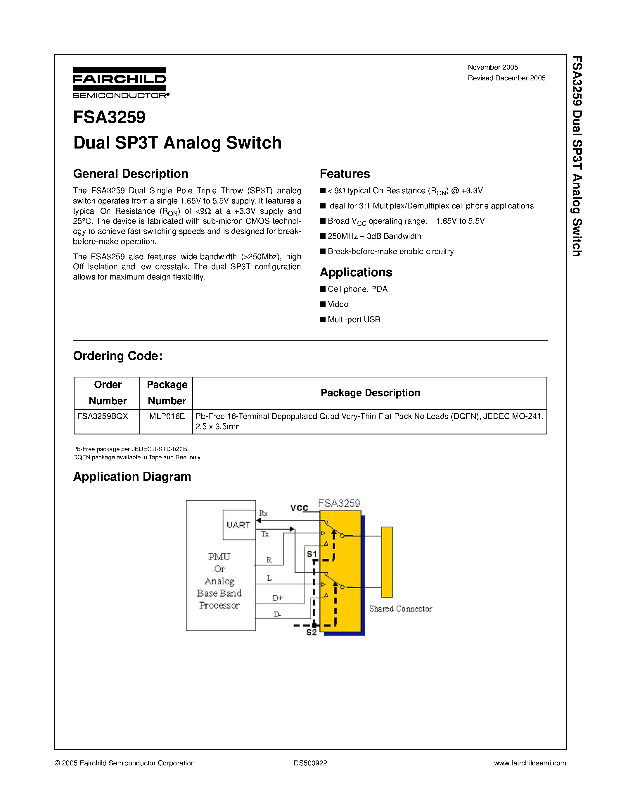 Даташит на микросхему FSA3259 страница 1 Даташит FSA3259 - Dual SP3T Analog Switch страница 1