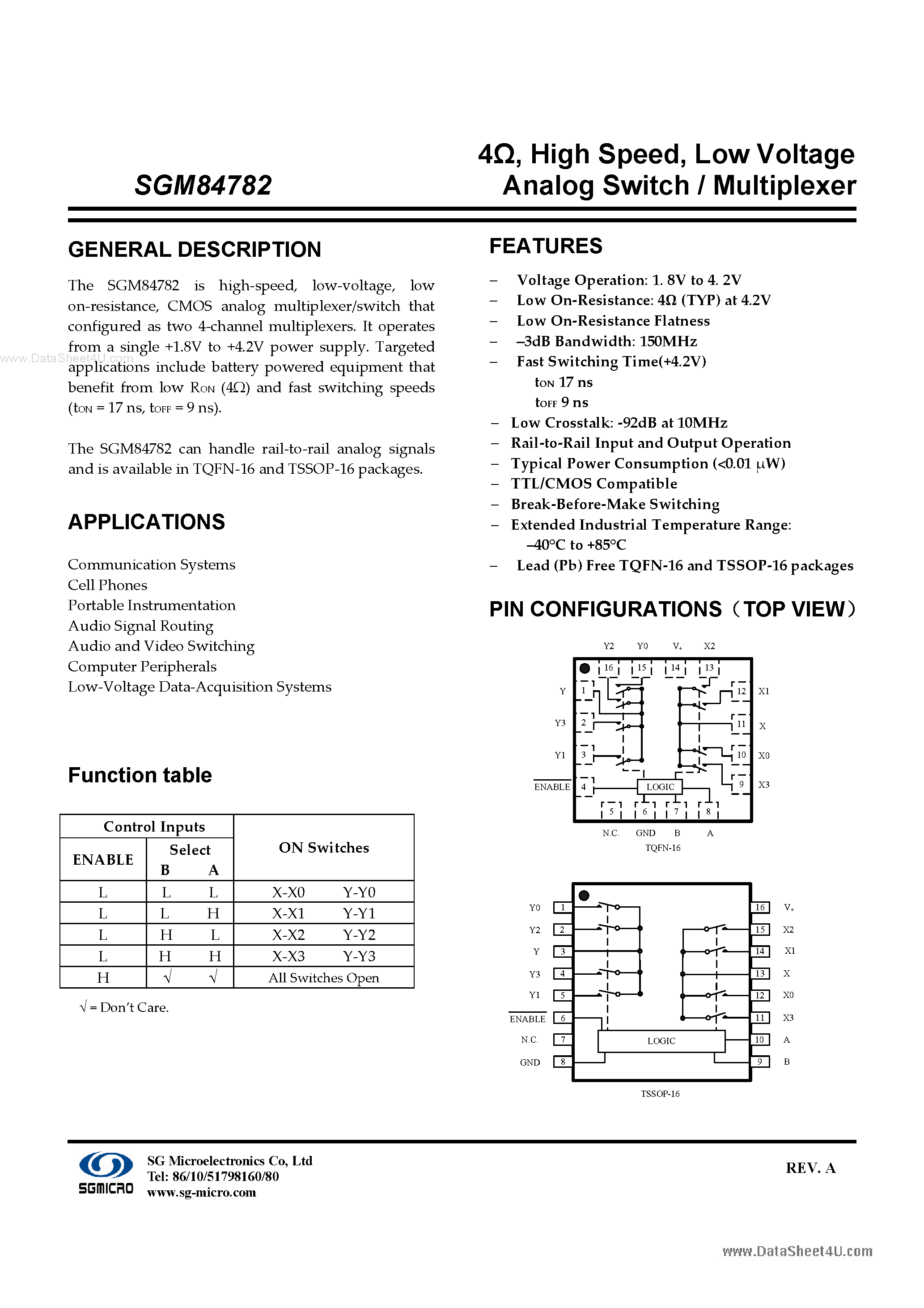 Datasheet SGM84782 page 1 Datasheet SGM84782 - Low Voltage Analog Switch / Multiplexer page 1