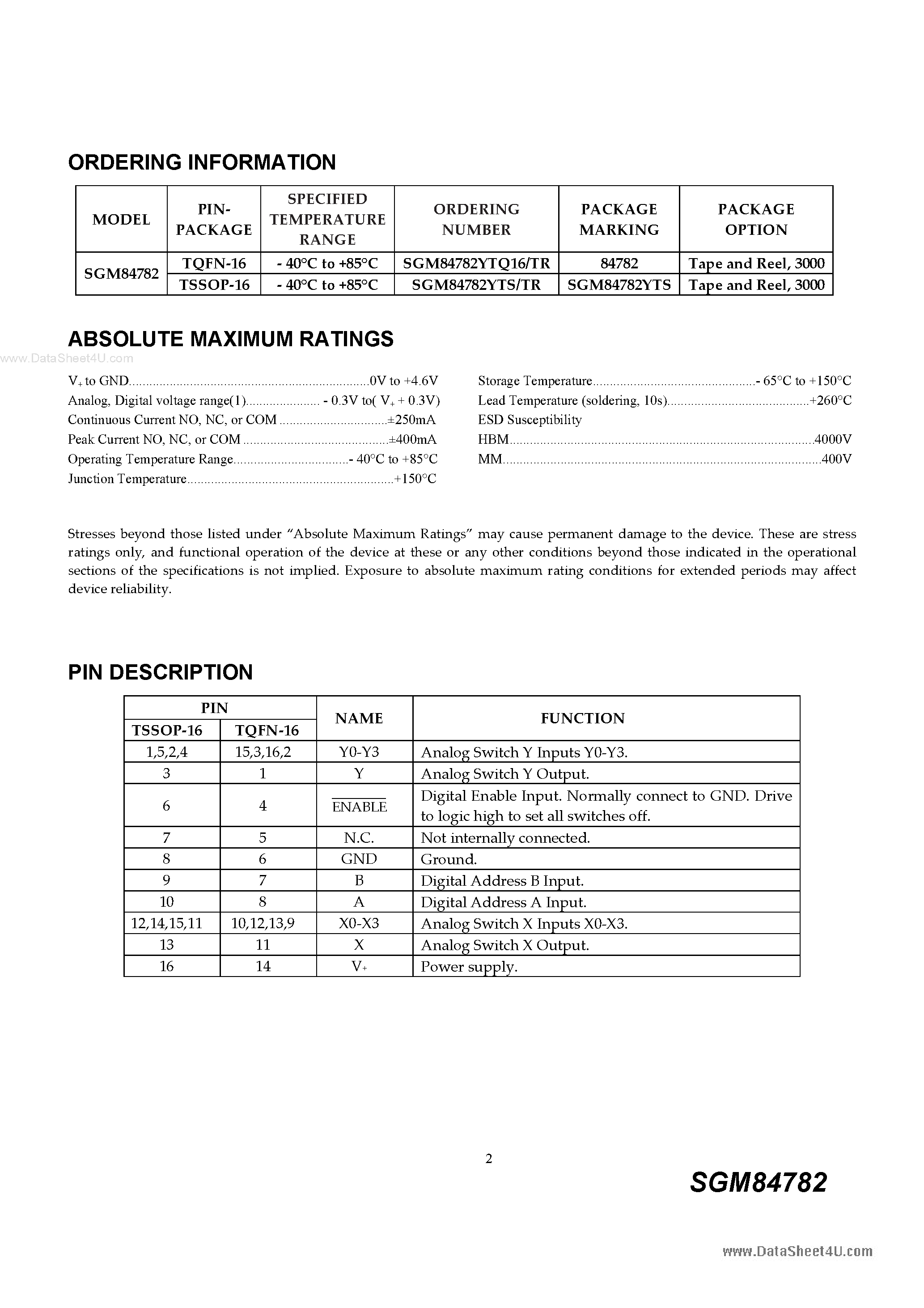 Datasheet SGM84782 page 2 Datasheet SGM84782 - Low Voltage Analog Switch / Multiplexer page 2