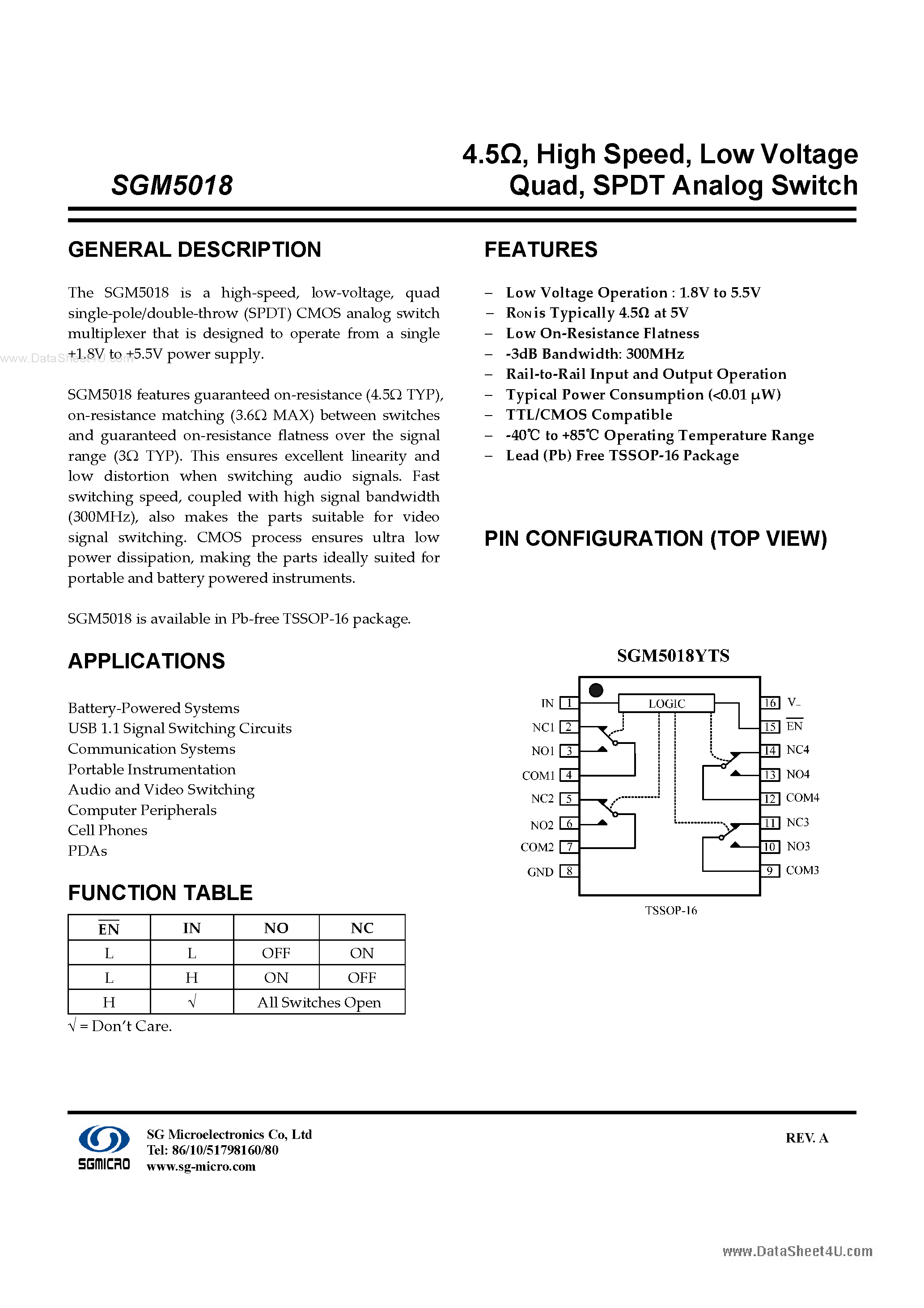 Datasheet SGM5018 page 1 Datasheet SGM5018 - SPDT Analog Switch page 1