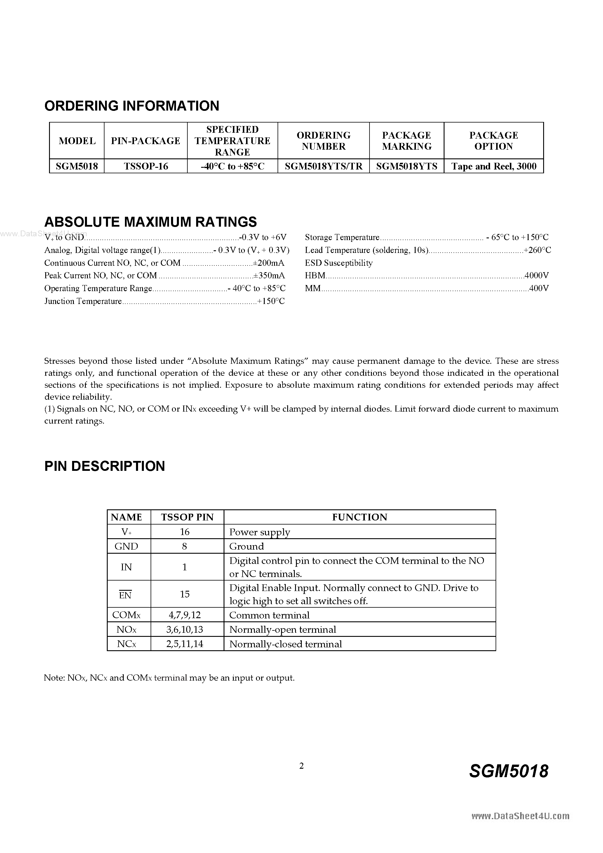 Datasheet SGM5018 page 2 Datasheet SGM5018 - SPDT Analog Switch page 2