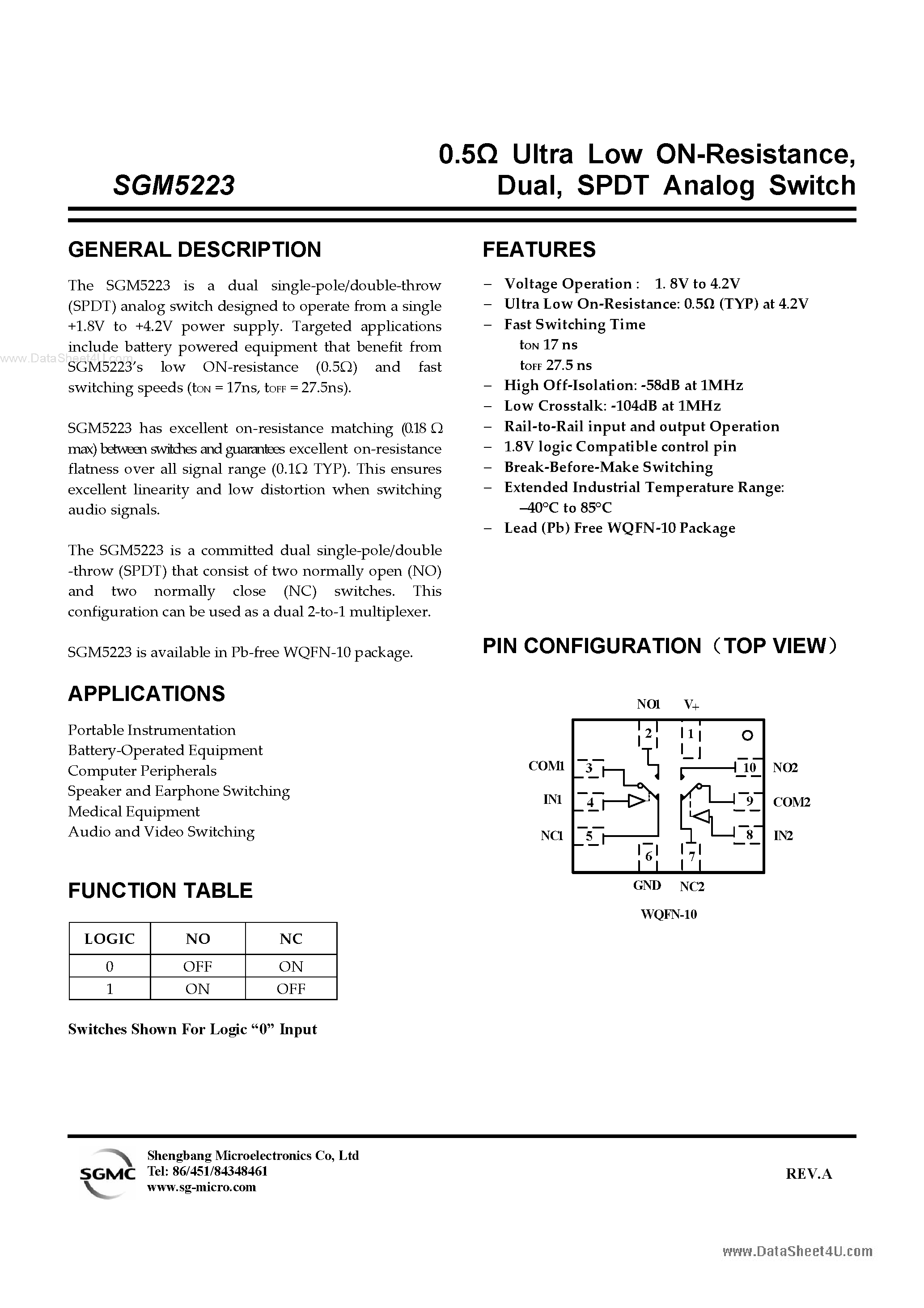 Datasheet SGM5223 - SPDT Analog Switch page 1