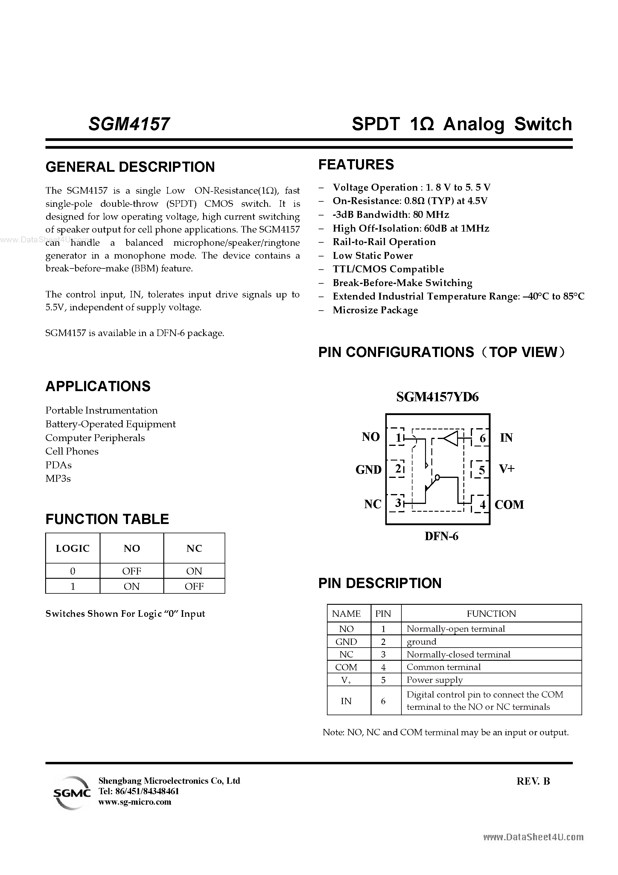 Datasheet SGM4157 page 1 Datasheet SGM4157 - DPDT Analog Switch page 1