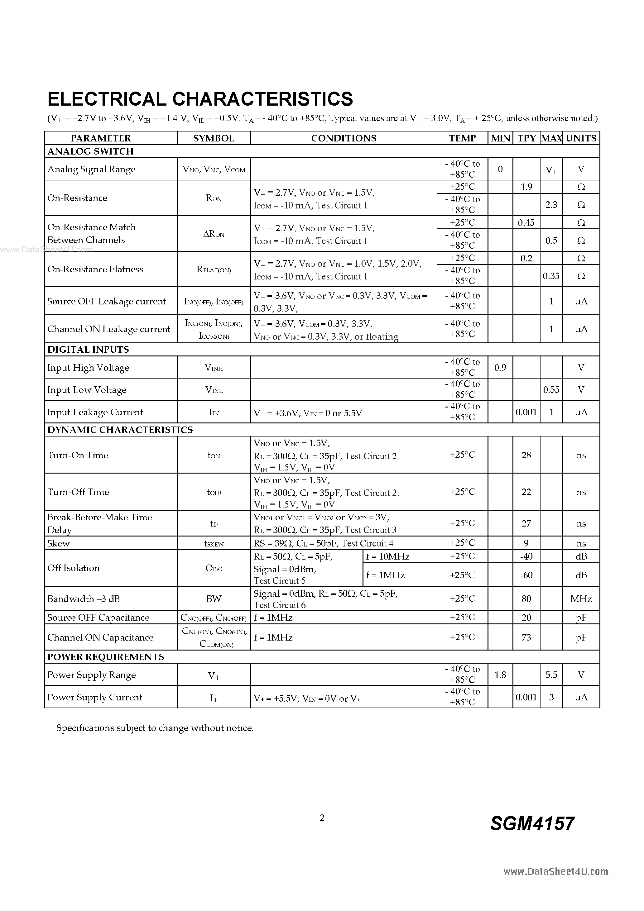 Datasheet SGM4157 page 2 Datasheet SGM4157 - DPDT Analog Switch page 2