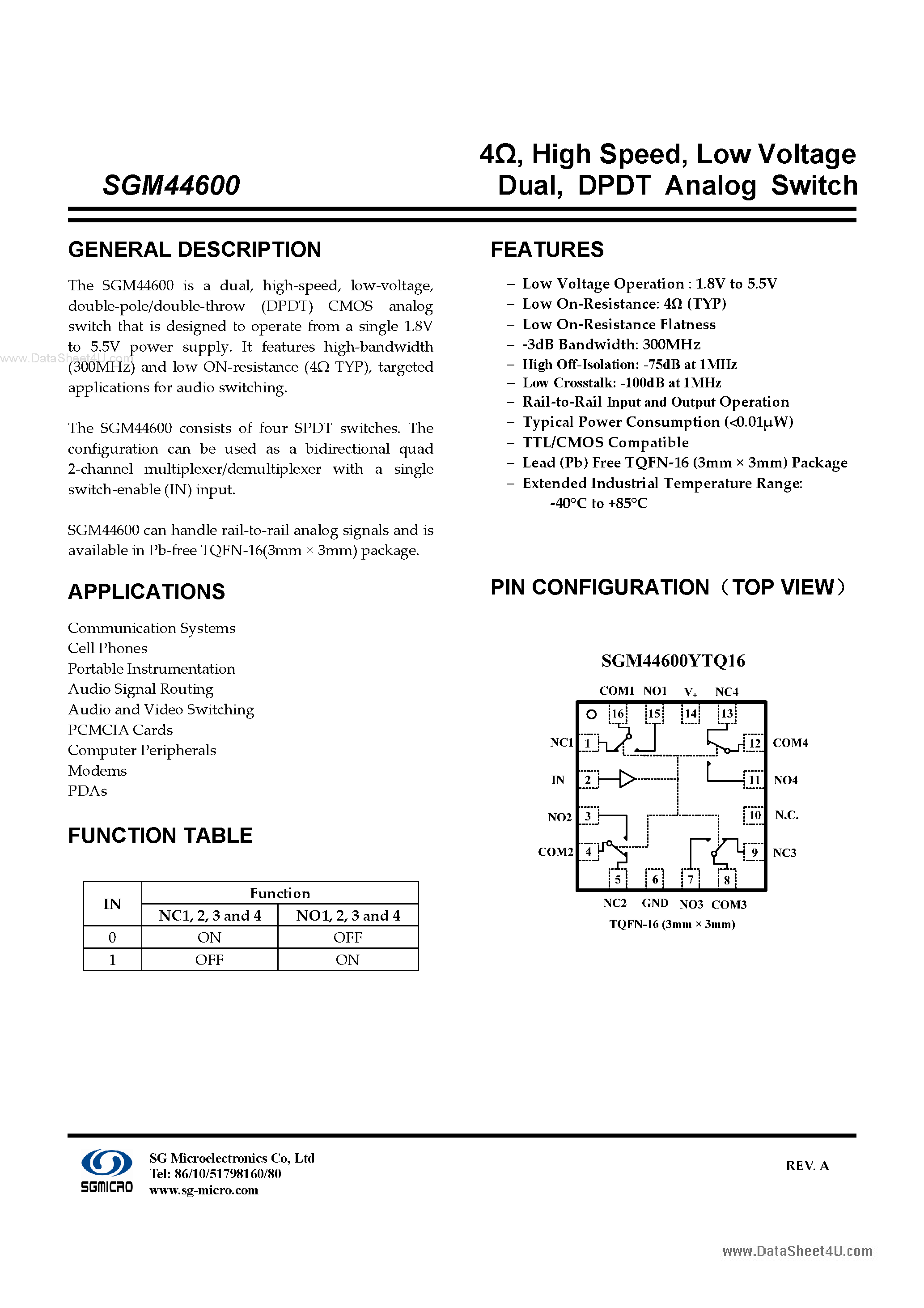 Datasheet SGM44600 - DPDT Analog Switch page 1