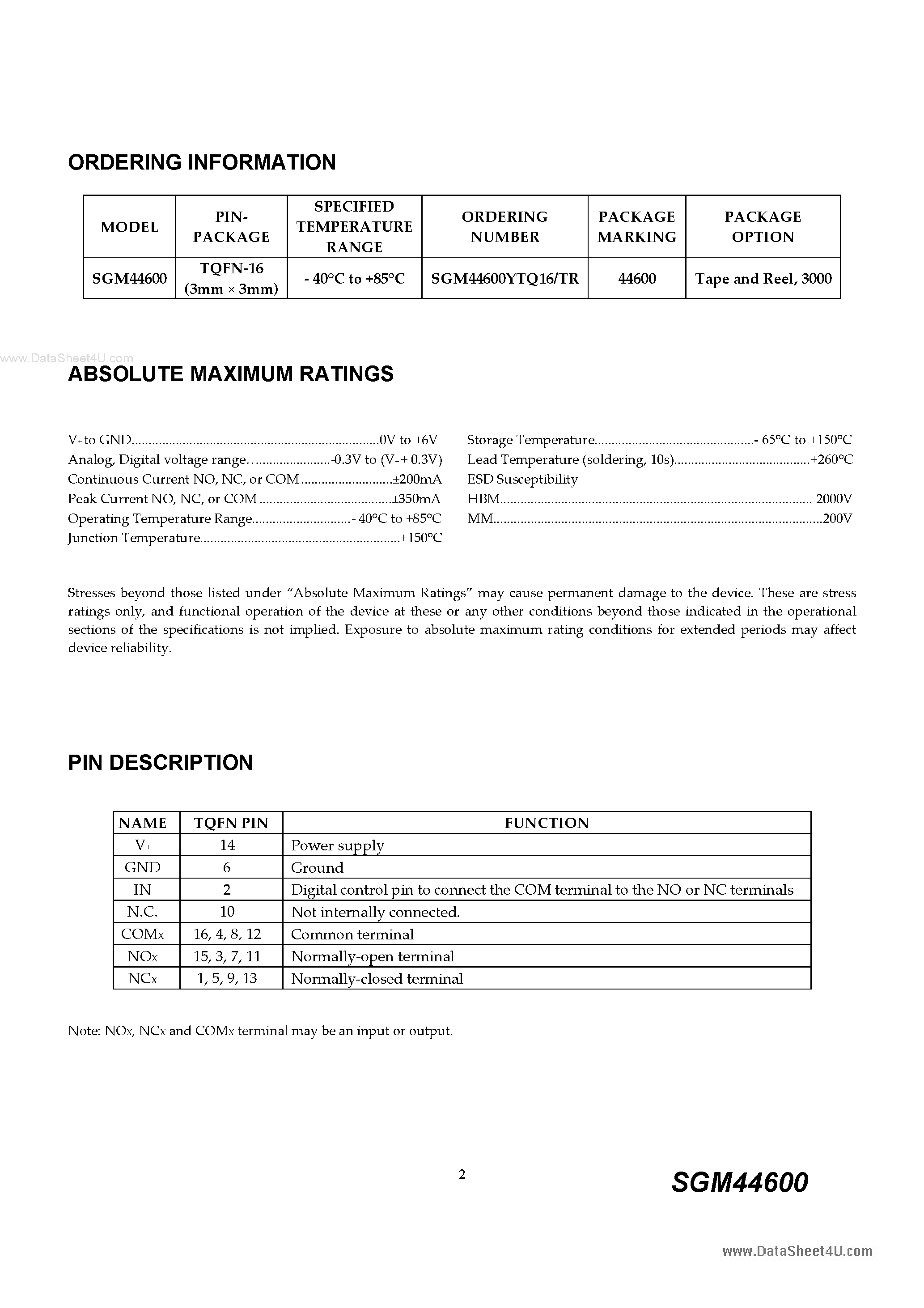 Datasheet SGM44600 - DPDT Analog Switch page 2