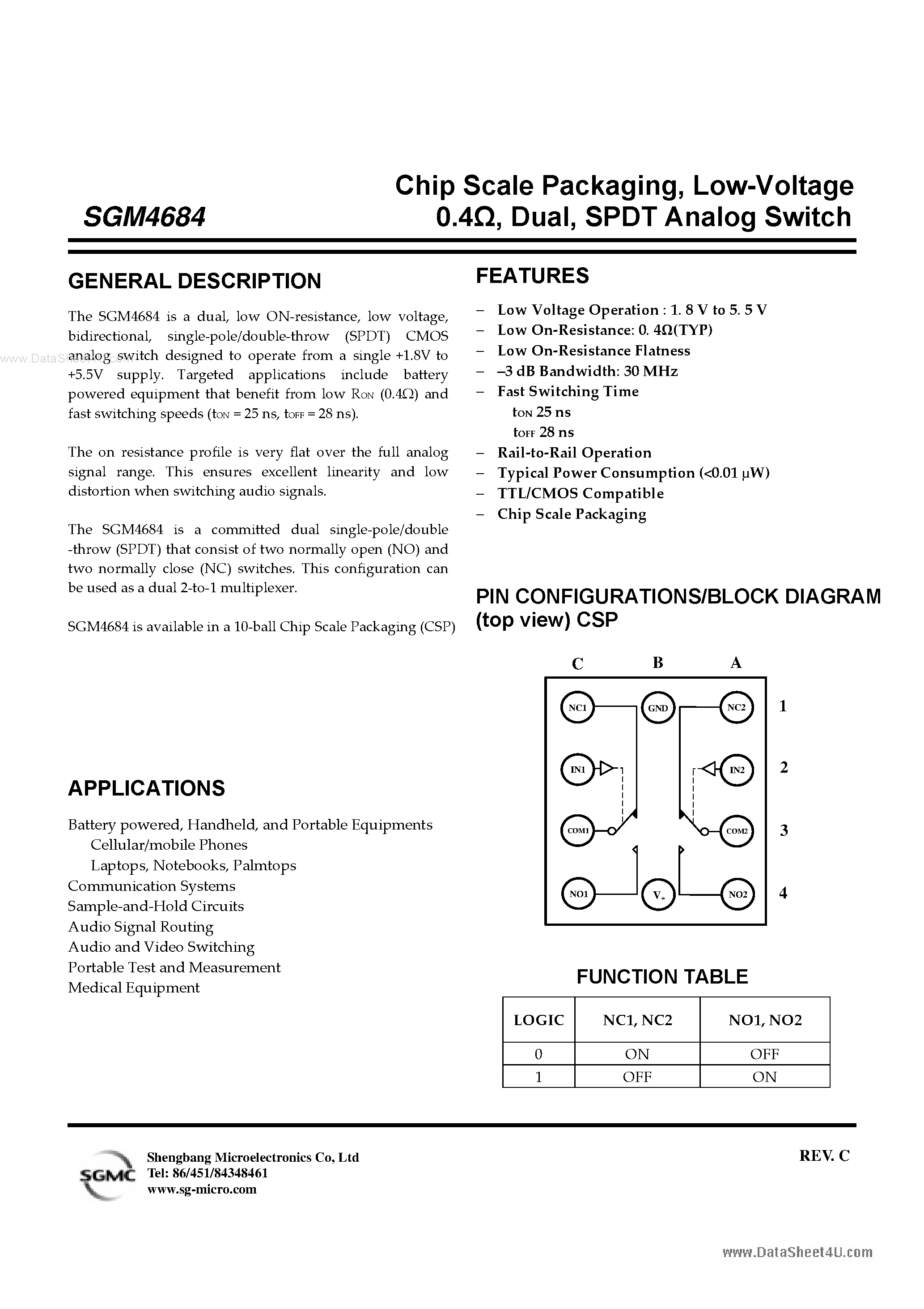 Datasheet SGM4684 - SPDT Analog Switch page 1