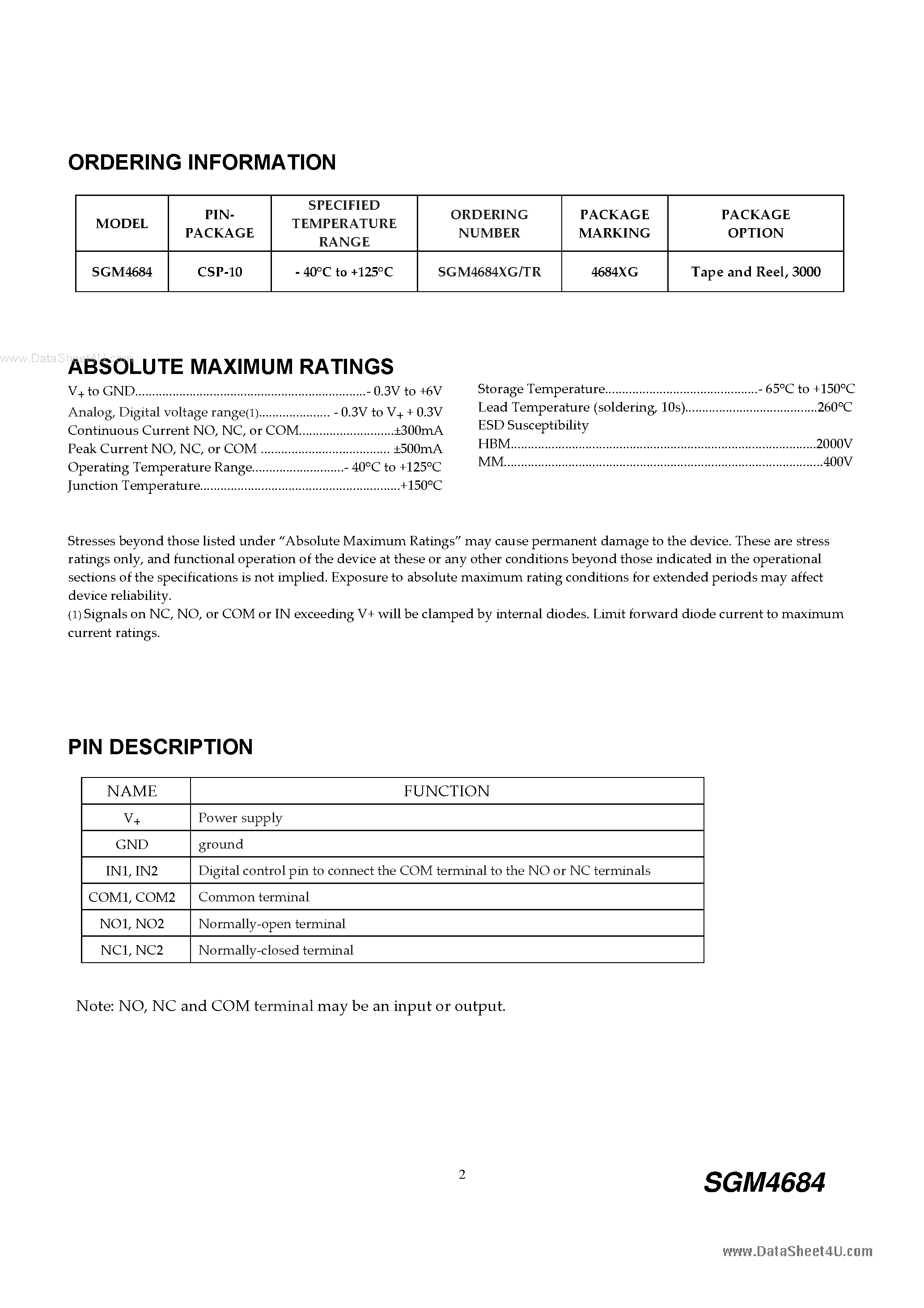 Datasheet SGM4684 - SPDT Analog Switch page 2