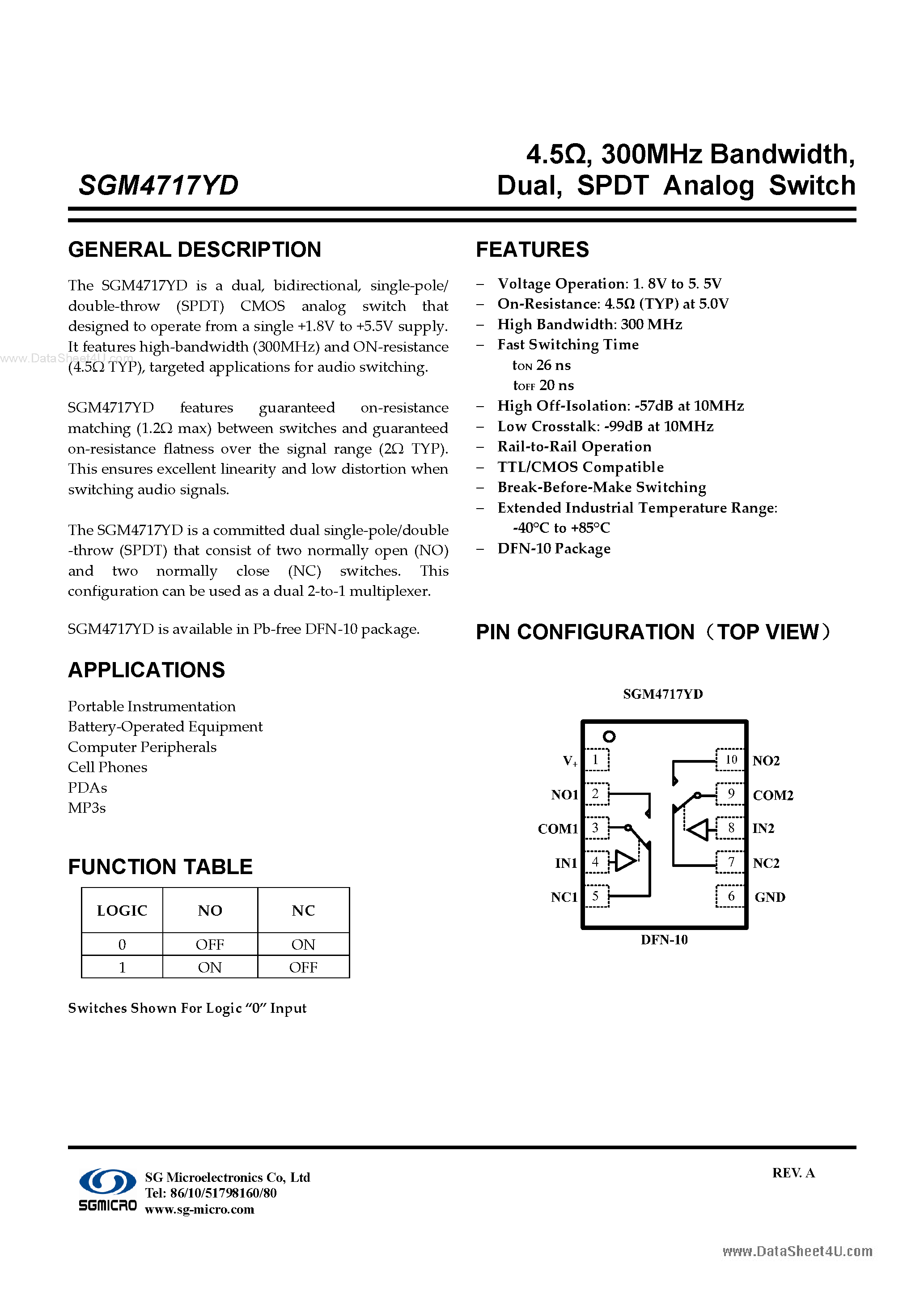 Datasheet SGM4717YD - SPDT Analog Switch page 1
