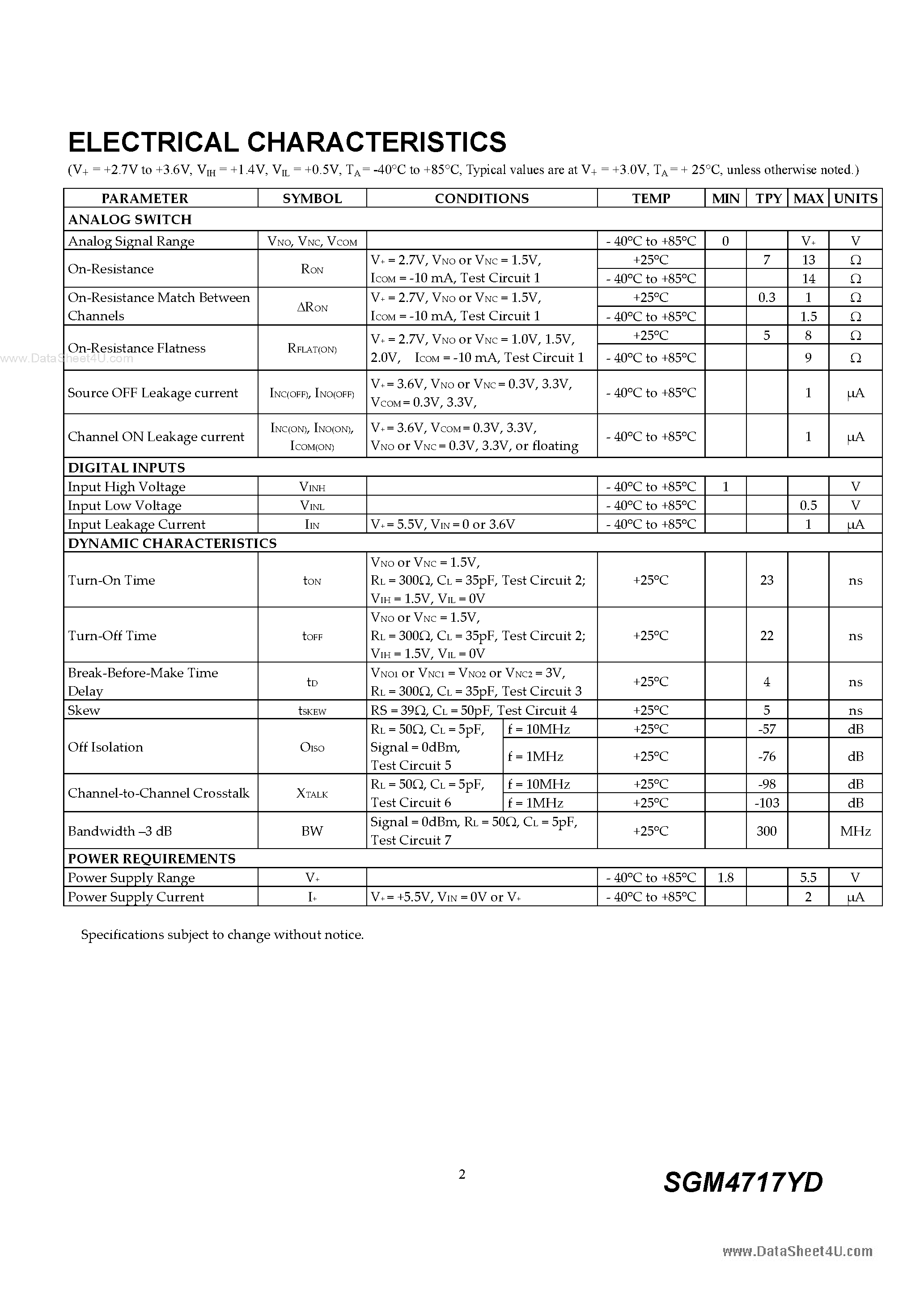 Datasheet SGM4717YD - SPDT Analog Switch page 2