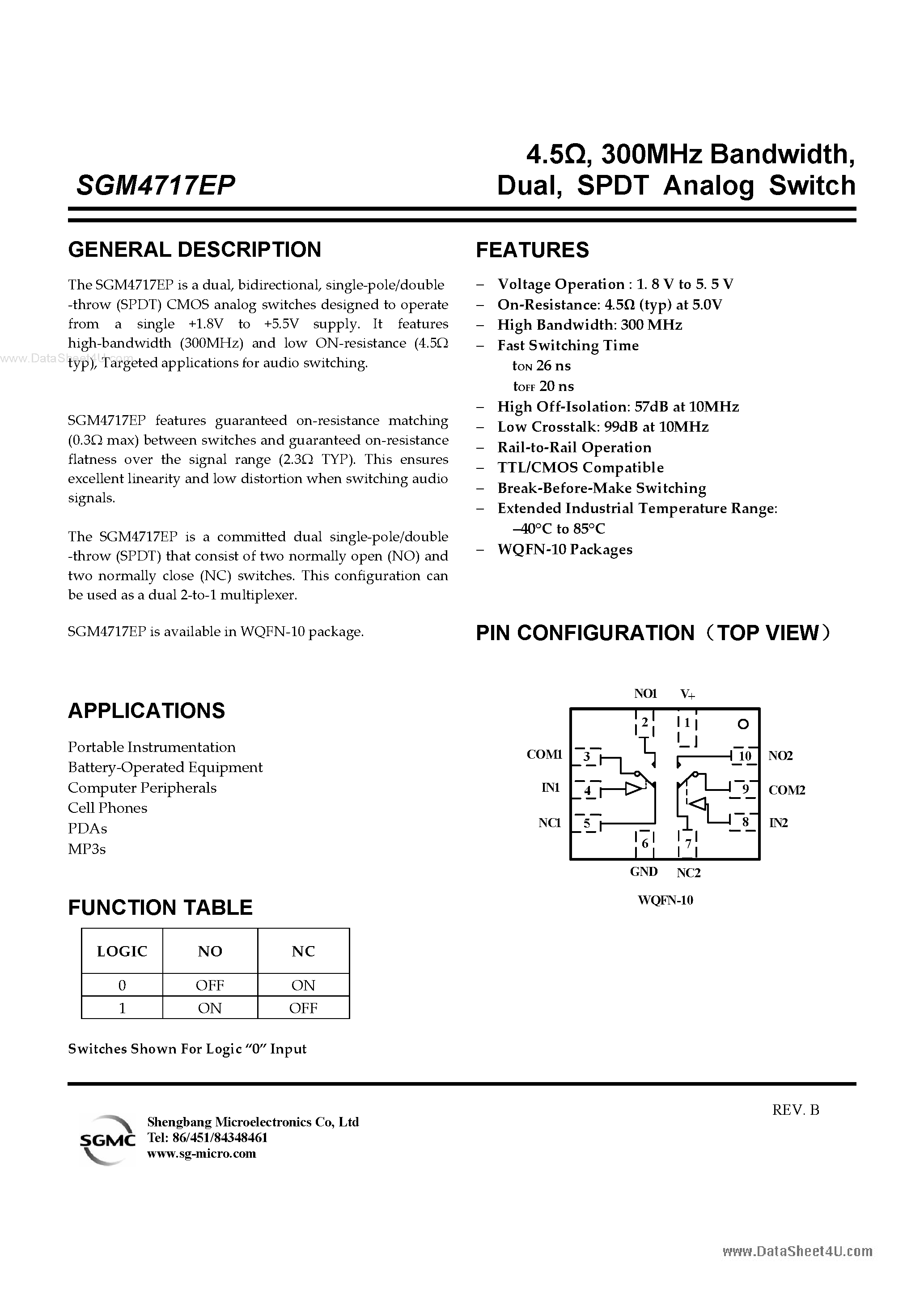 Datasheet SGM4717EP - SPDT Analog Switch page 1