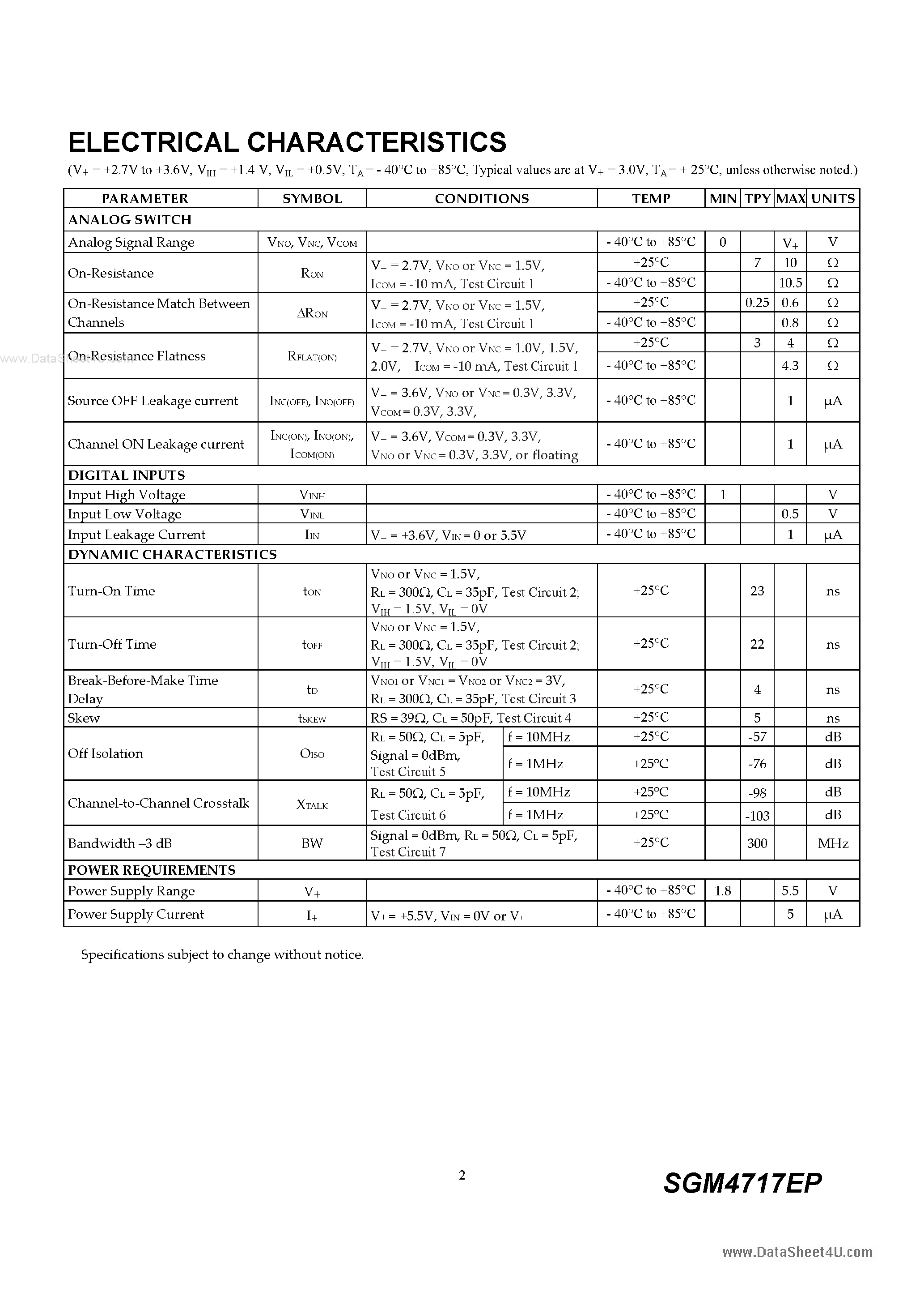 Datasheet SGM4717EP - SPDT Analog Switch page 2
