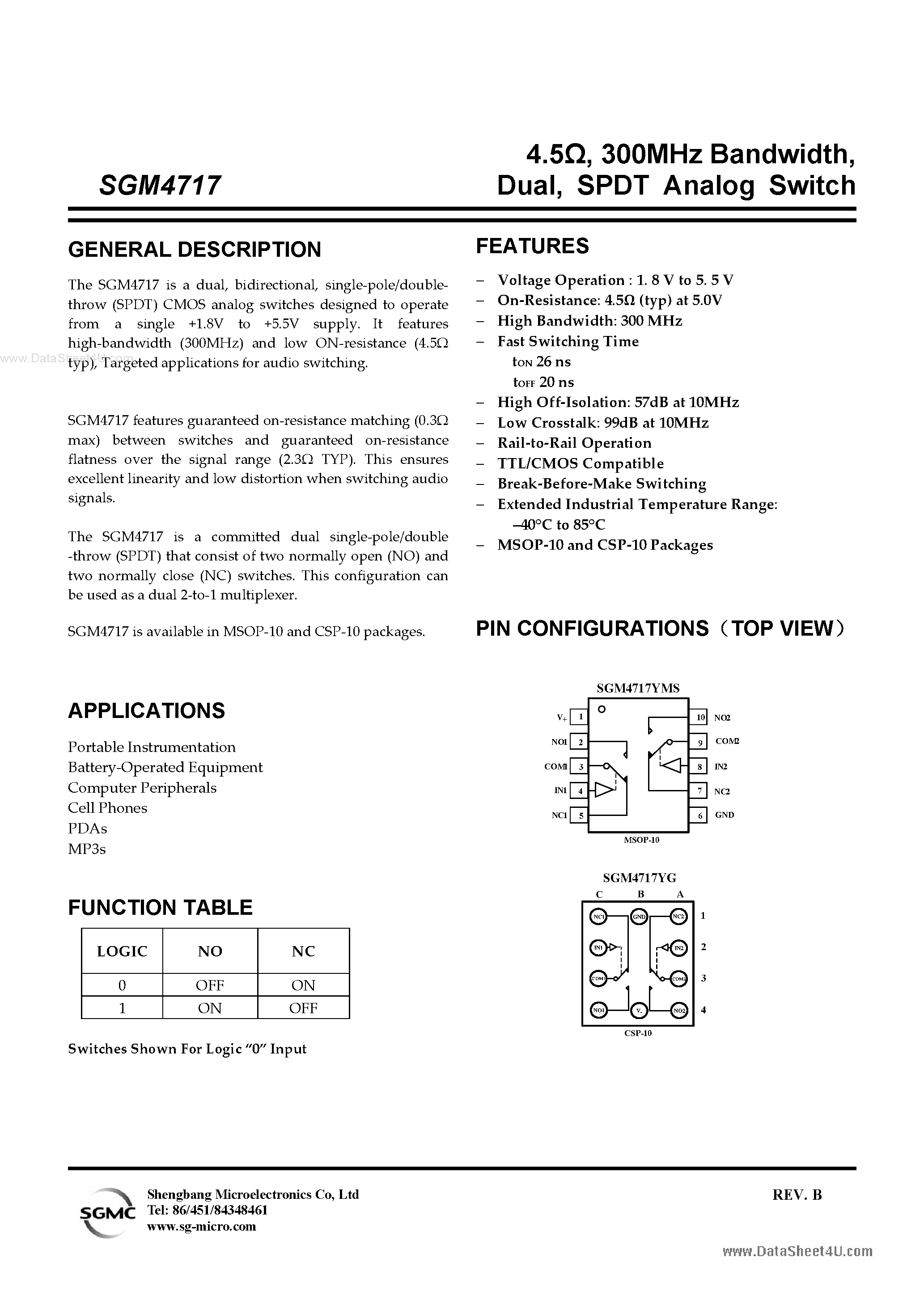 Datasheet SGM4717 - SPDT Analog Switch page 1