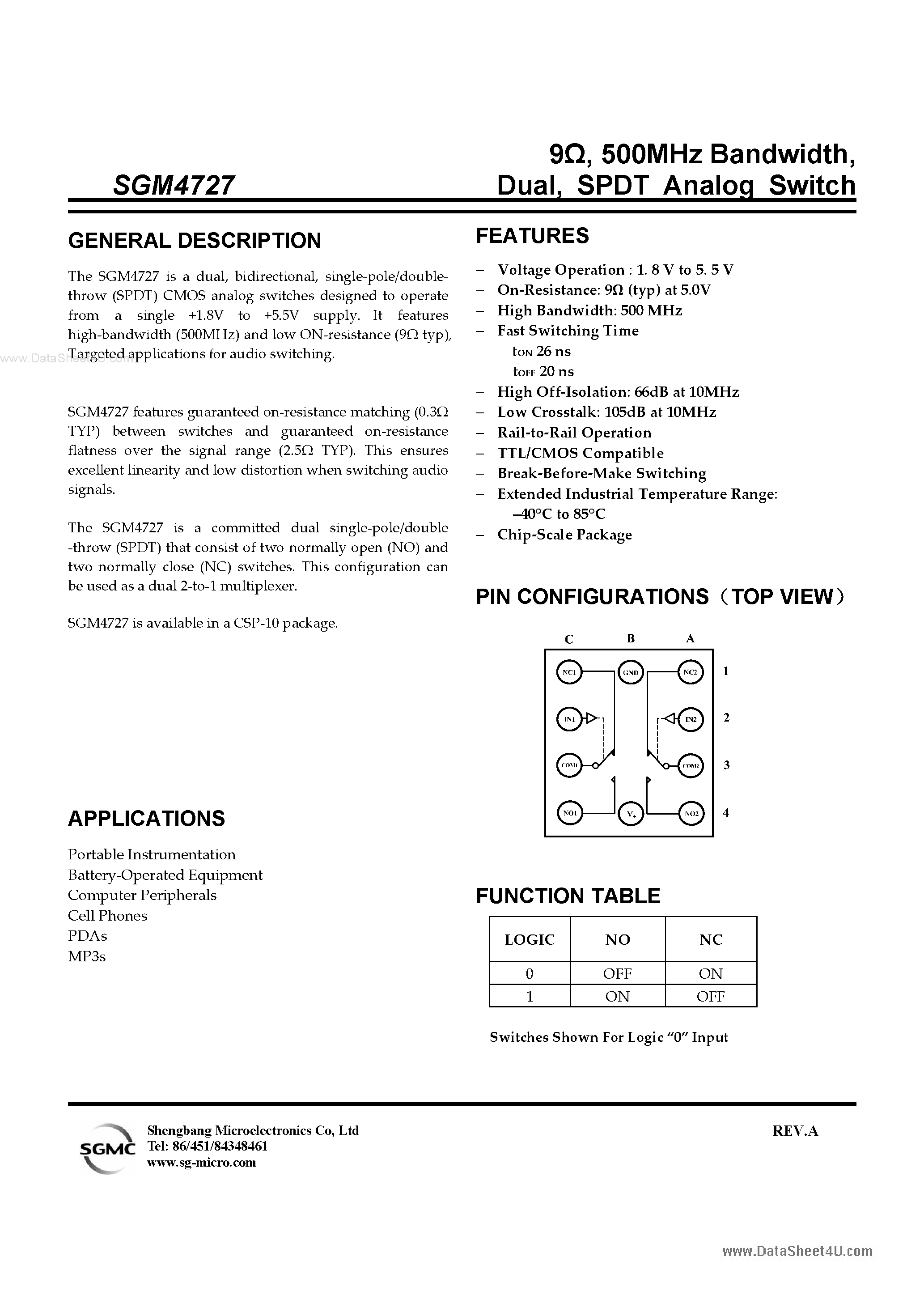 Datasheet SGM4727 page 1 Datasheet SGM4727 - SPDT Analog Switch page 1