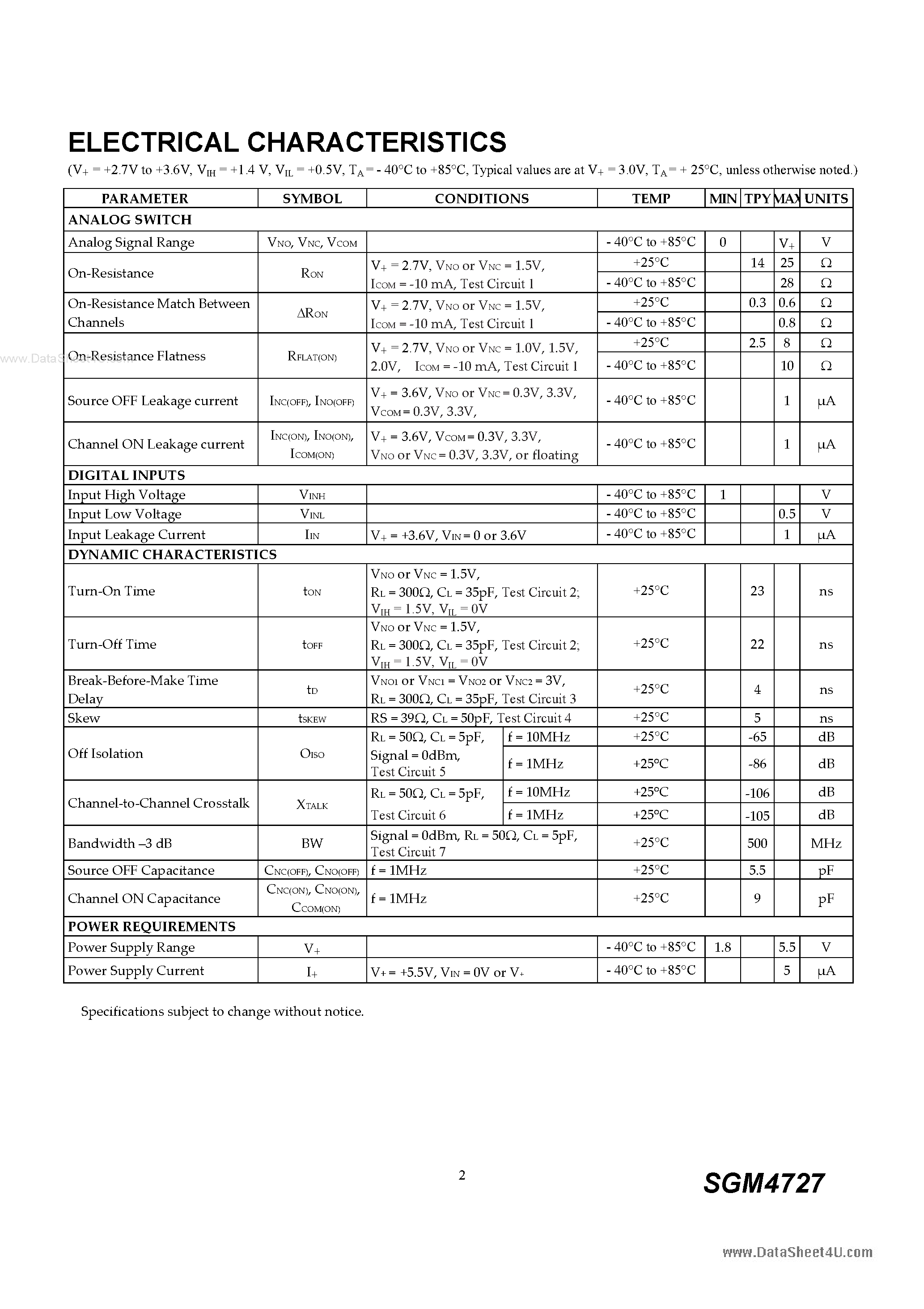 Datasheet SGM4727 page 2 Datasheet SGM4727 - SPDT Analog Switch page 2