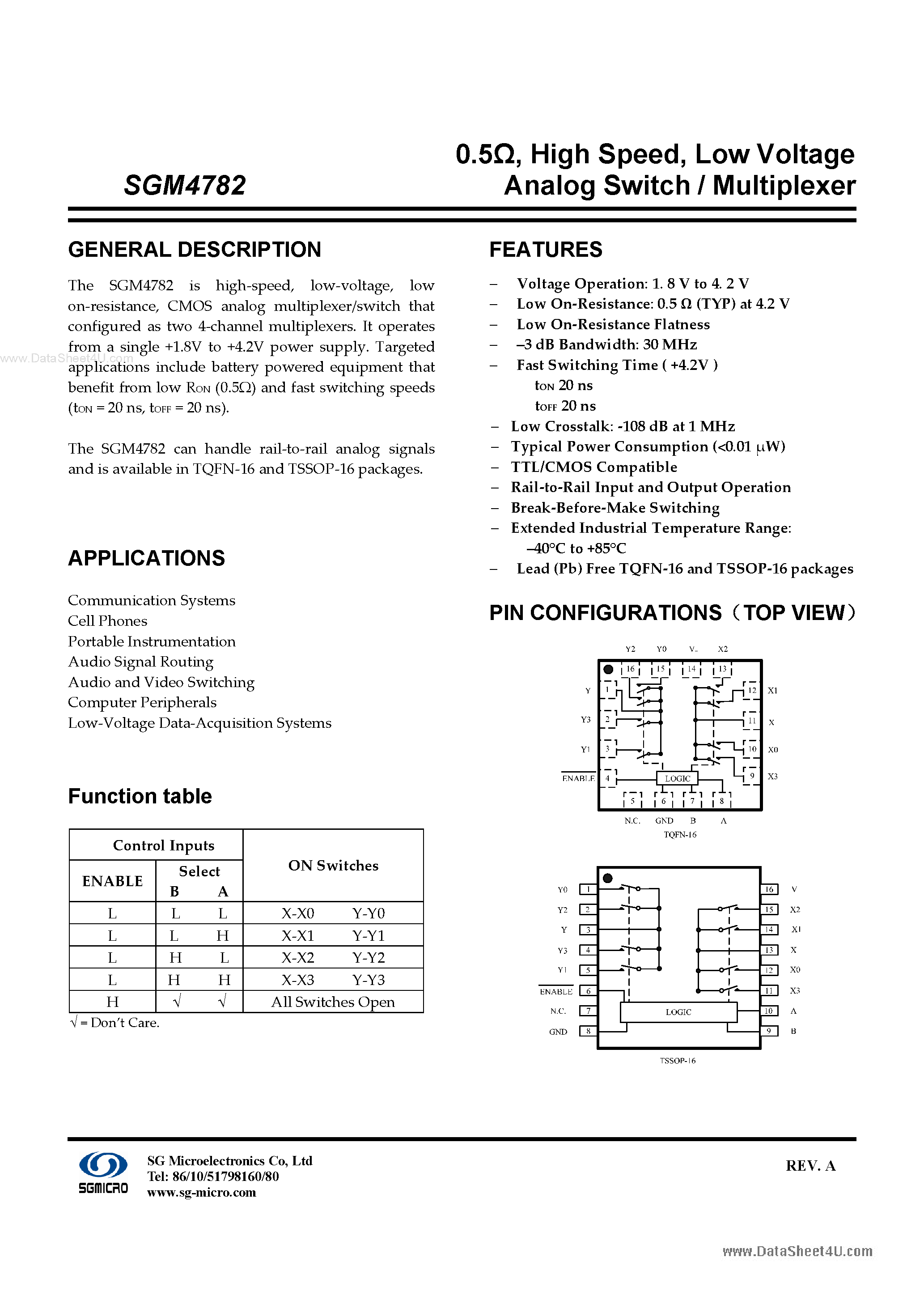 Datasheet SGM4782 page 1 Datasheet SGM4782 - SPDT Analog Switch page 1