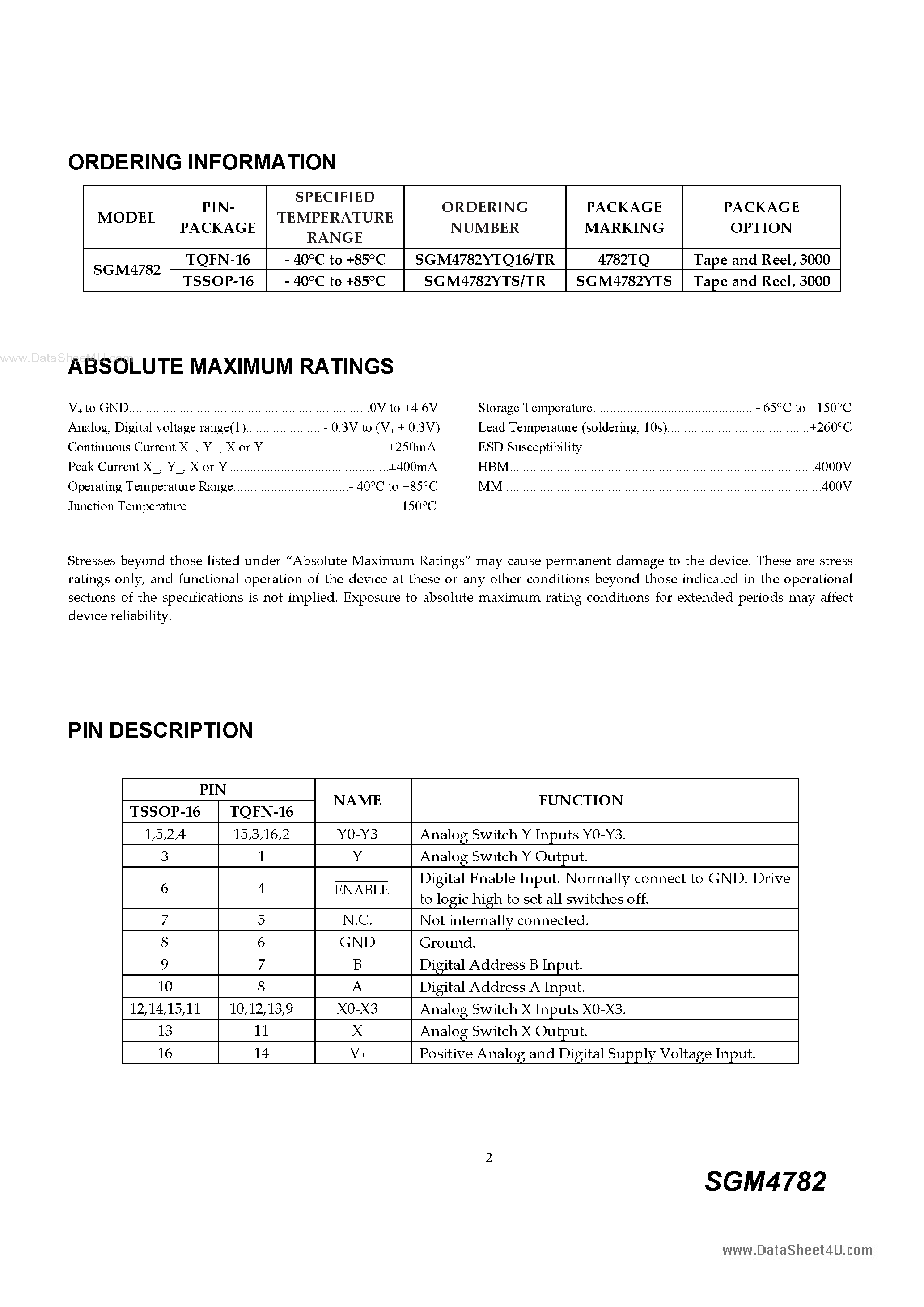 Datasheet SGM4782 page 2 Datasheet SGM4782 - SPDT Analog Switch page 2
