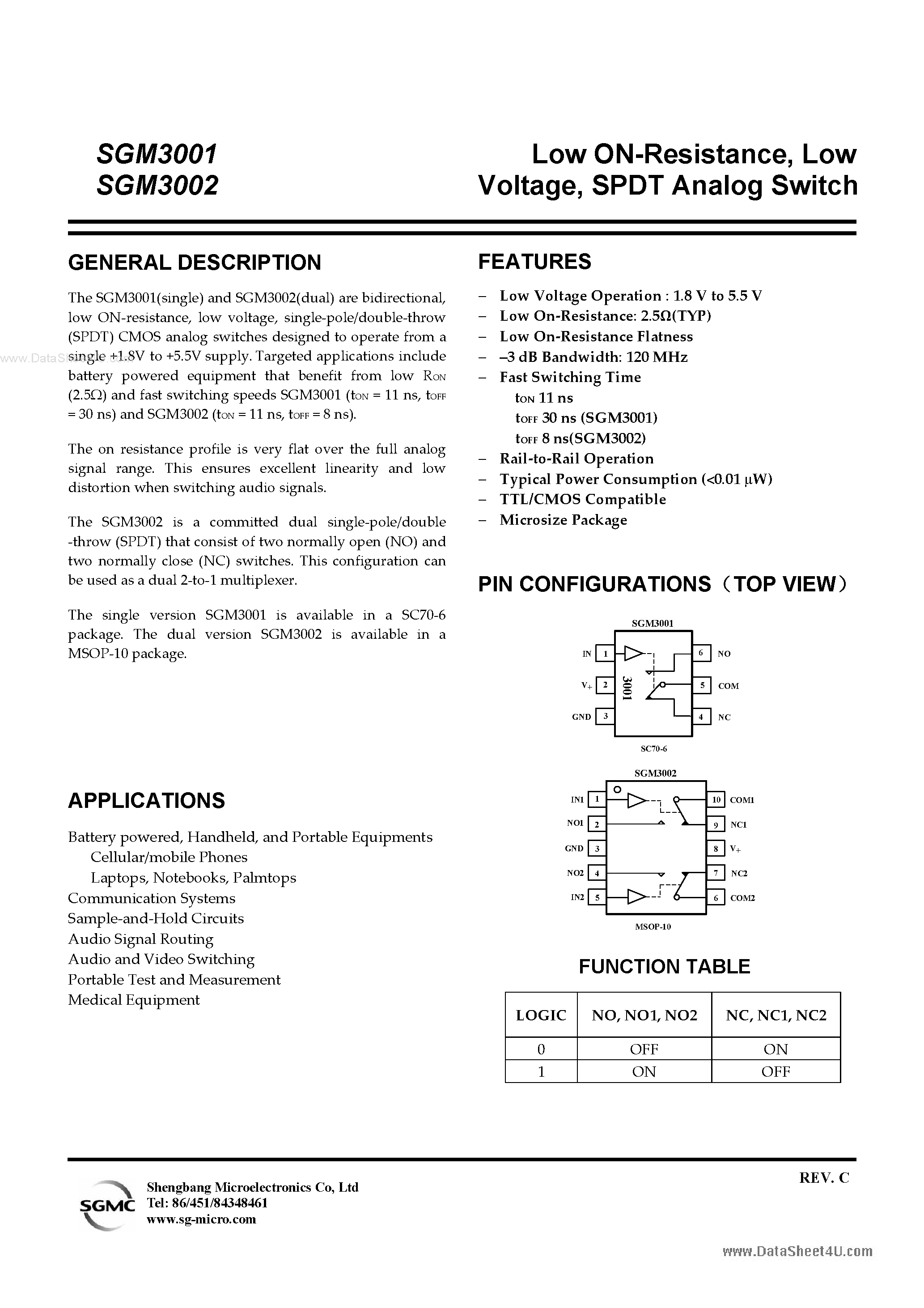 Datasheet SGM3001 - (SGM3001 / SGM3002) SPDT Analog Switch page 1