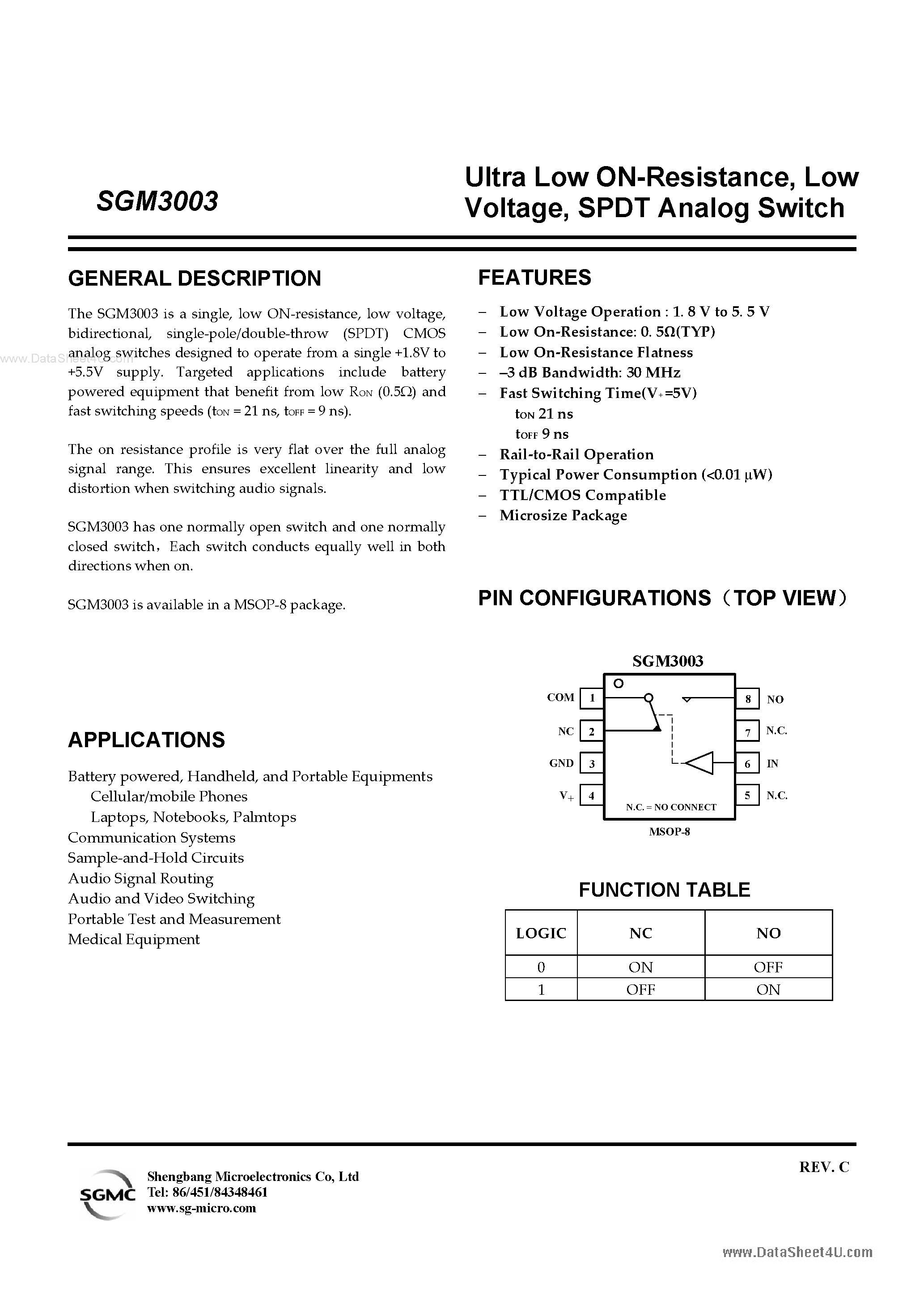 Datasheet SGM3003 - SPDT Analog Switch page 1