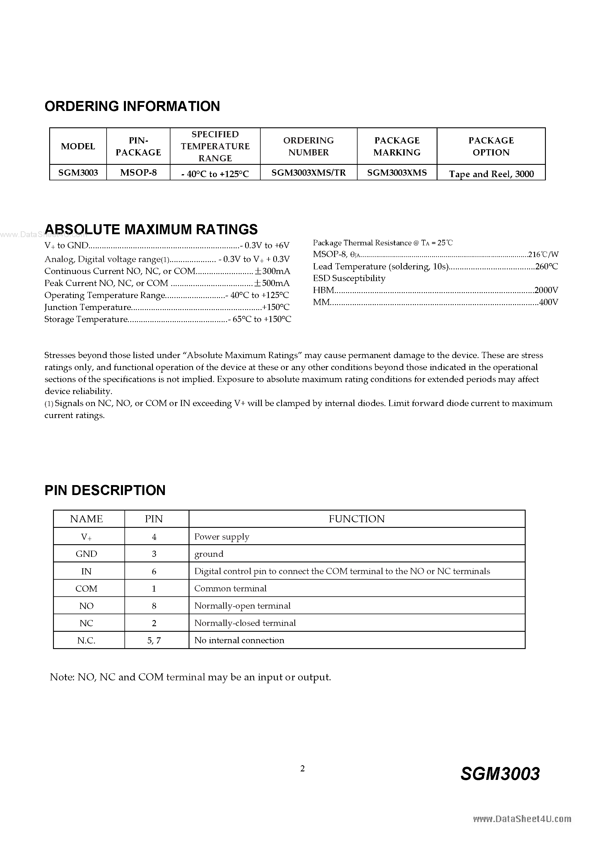 Datasheet SGM3003 - SPDT Analog Switch page 2