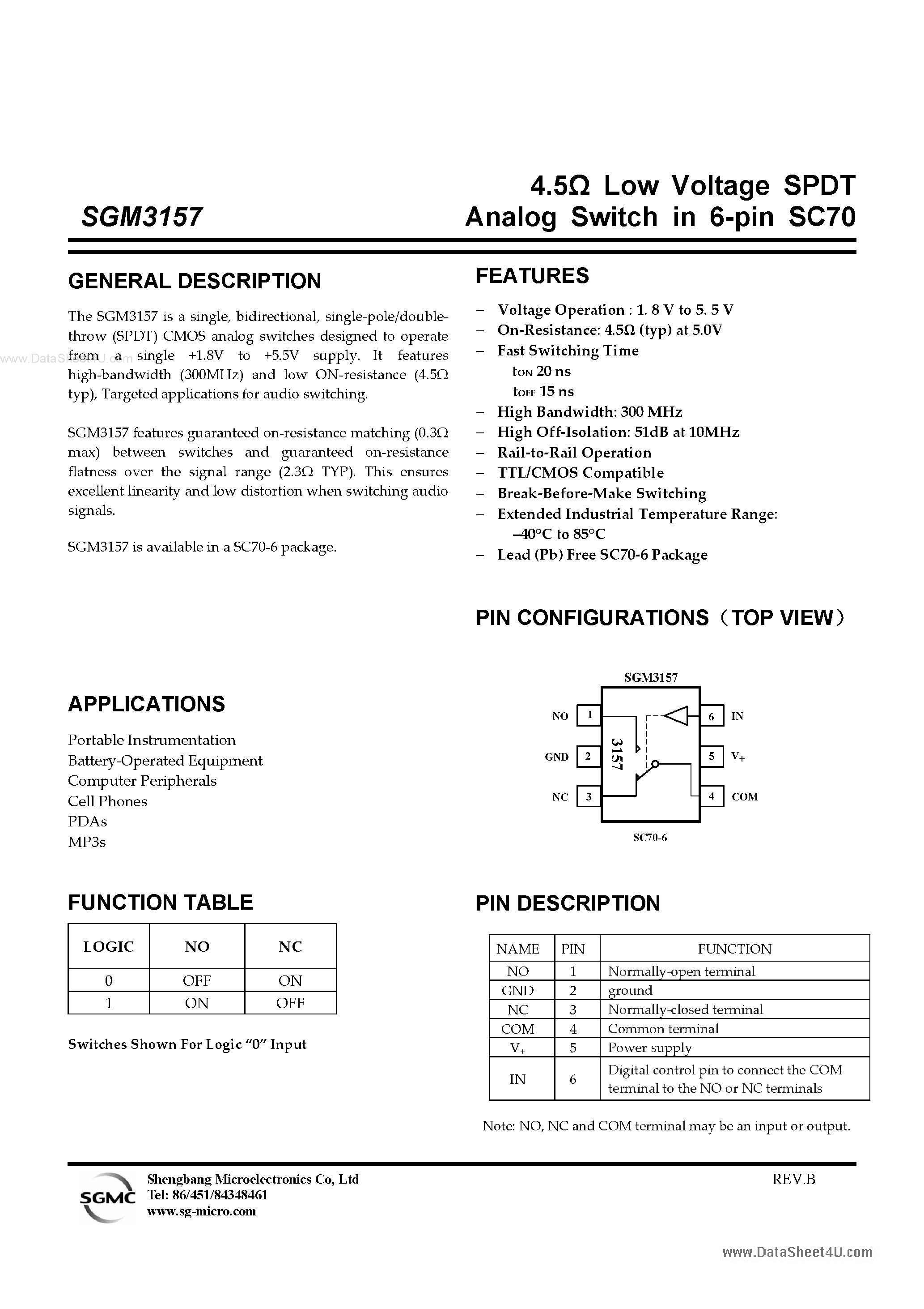 Datasheet SGM3157 page 1 Datasheet SGM3157 - SPDT Analog Switch page 1