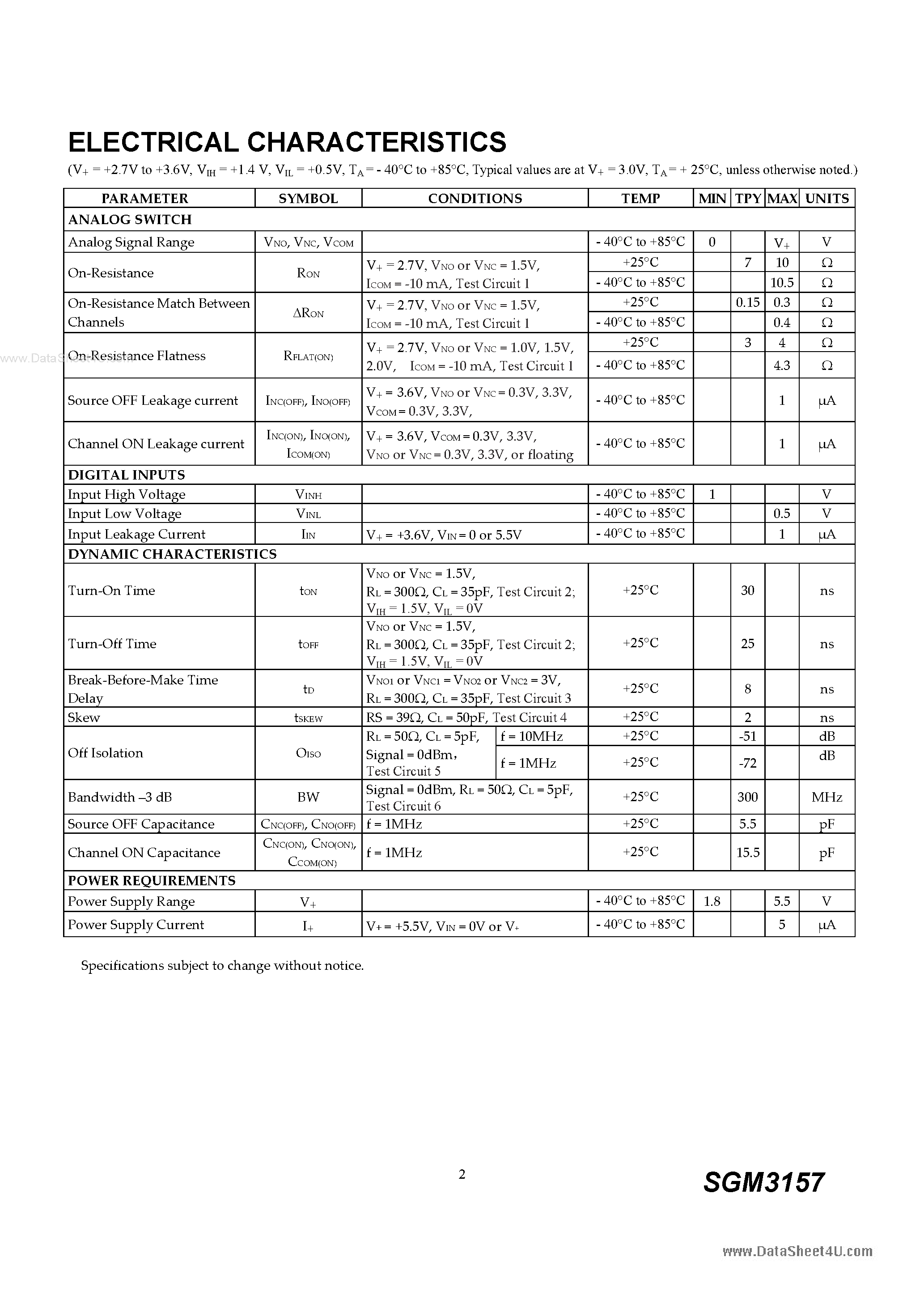 Datasheet SGM3157 page 2 Datasheet SGM3157 - SPDT Analog Switch page 2