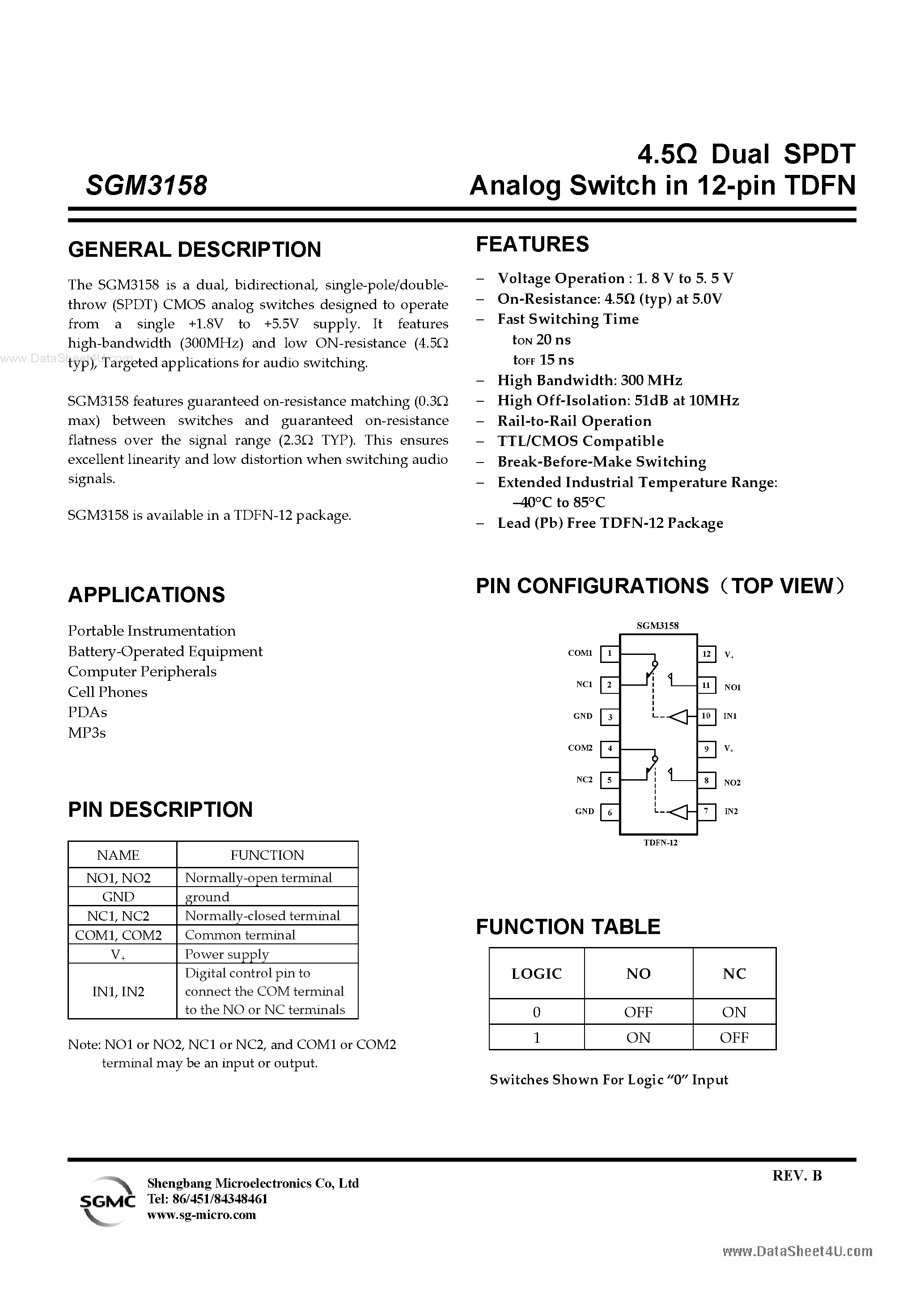 Datasheet SGM3158 - Dual SPDT Analog Switch page 1