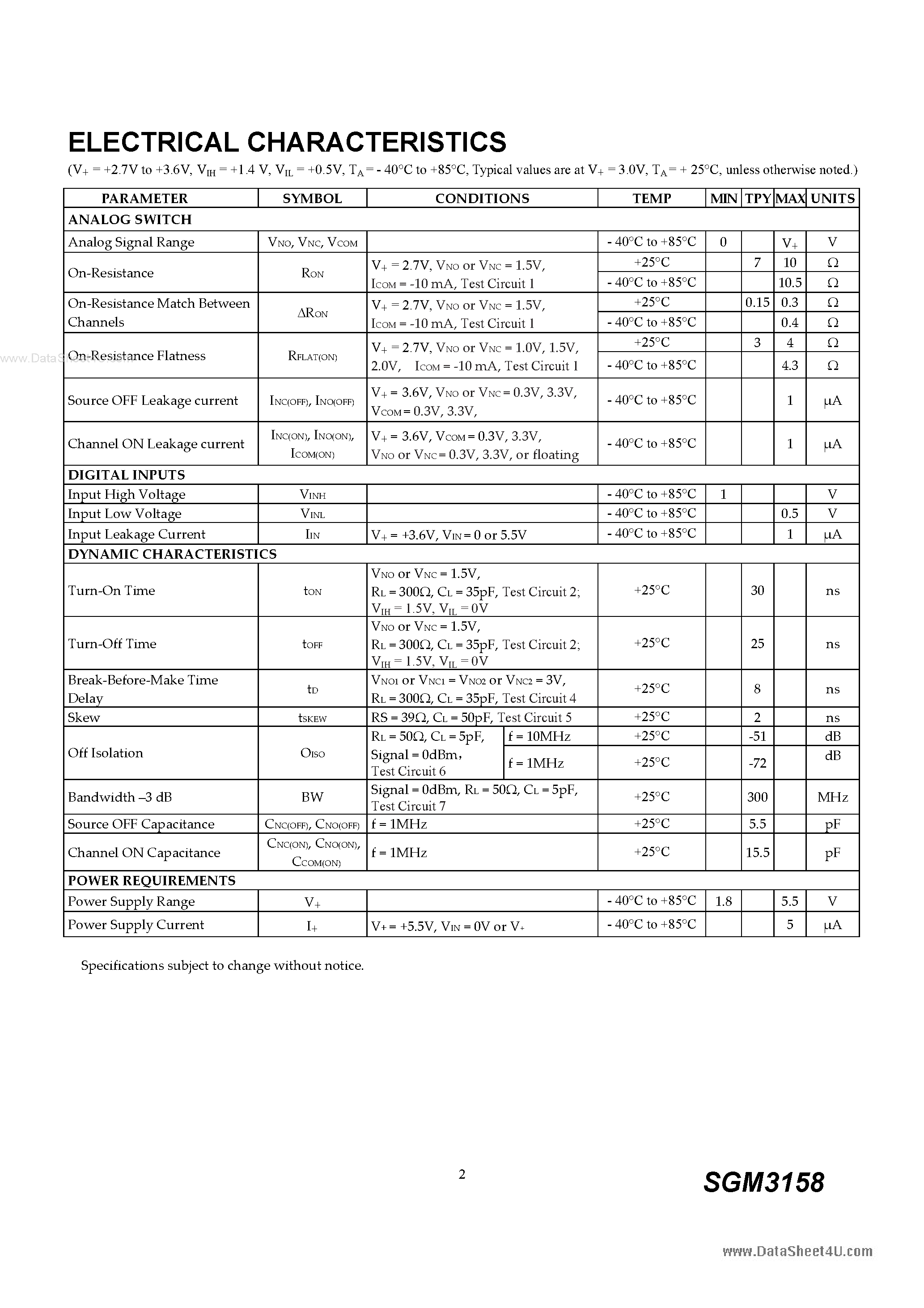 Datasheet SGM3158 - Dual SPDT Analog Switch page 2