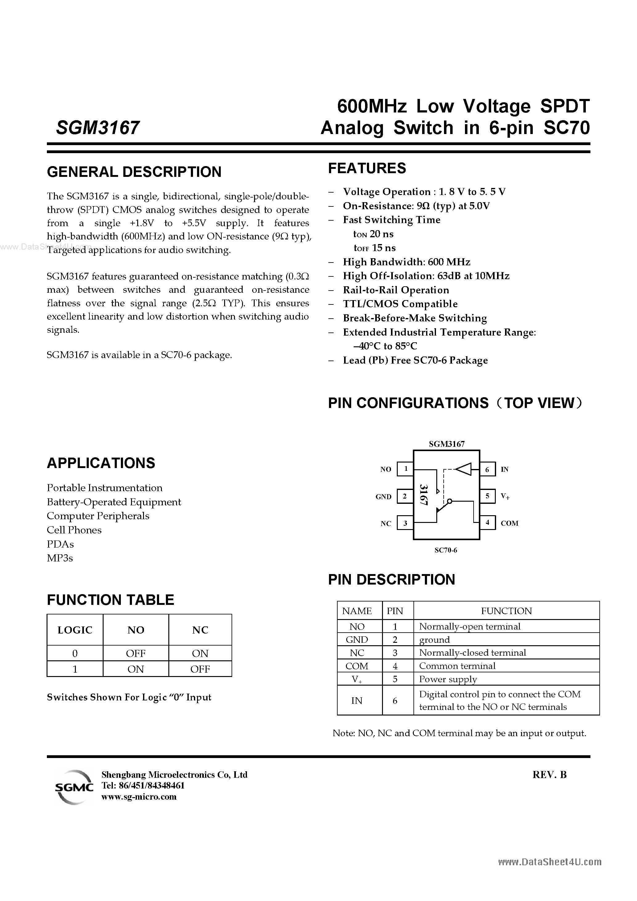 Datasheet SGM3167 page 1 Datasheet SGM3167 - 600MHz Low Voltage SPDT Analog Switch page 1