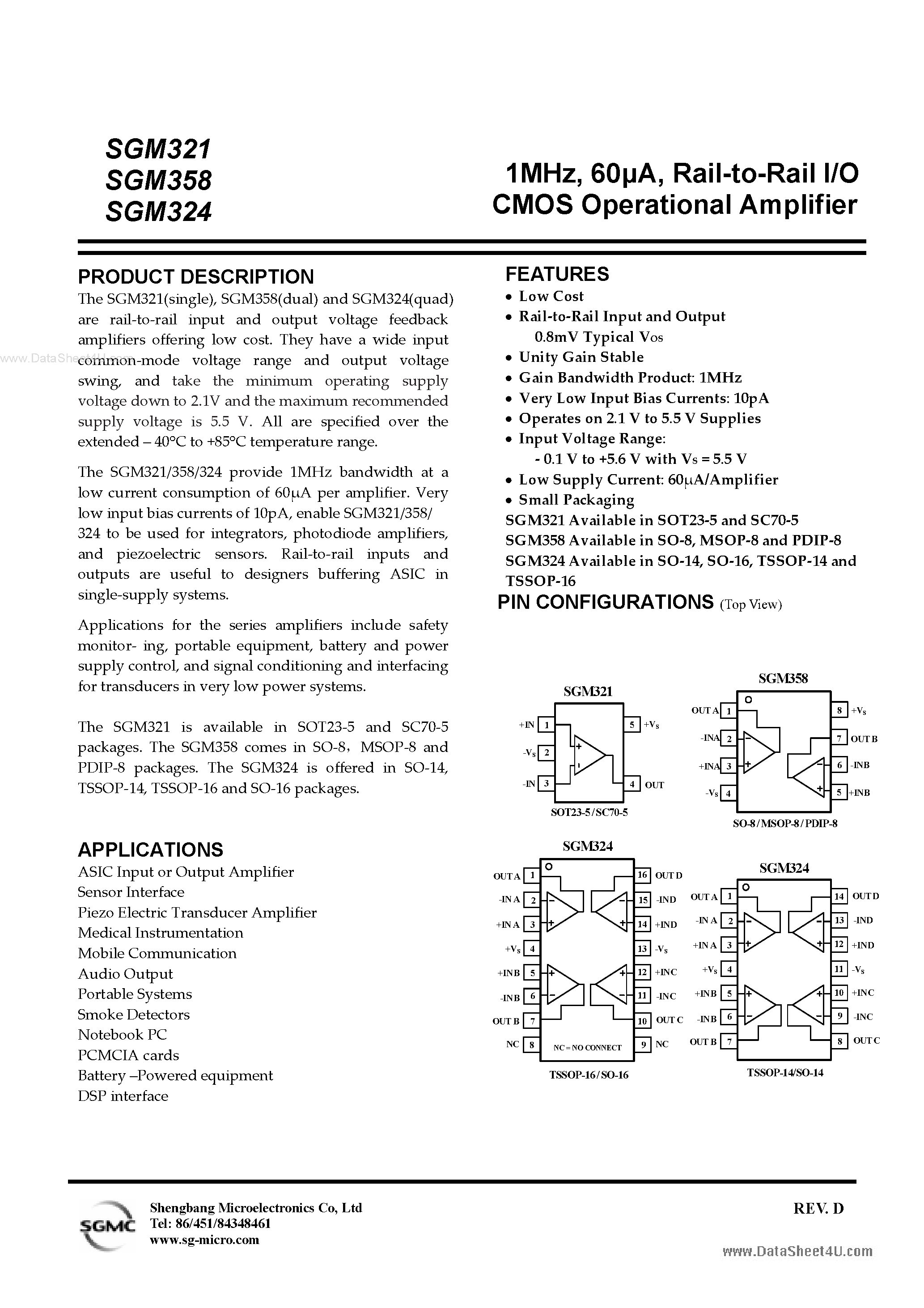 Datasheet SGM321 - (SGM3xx) Rail-to-Rail I/O CMOS Operational Amplifier page 1