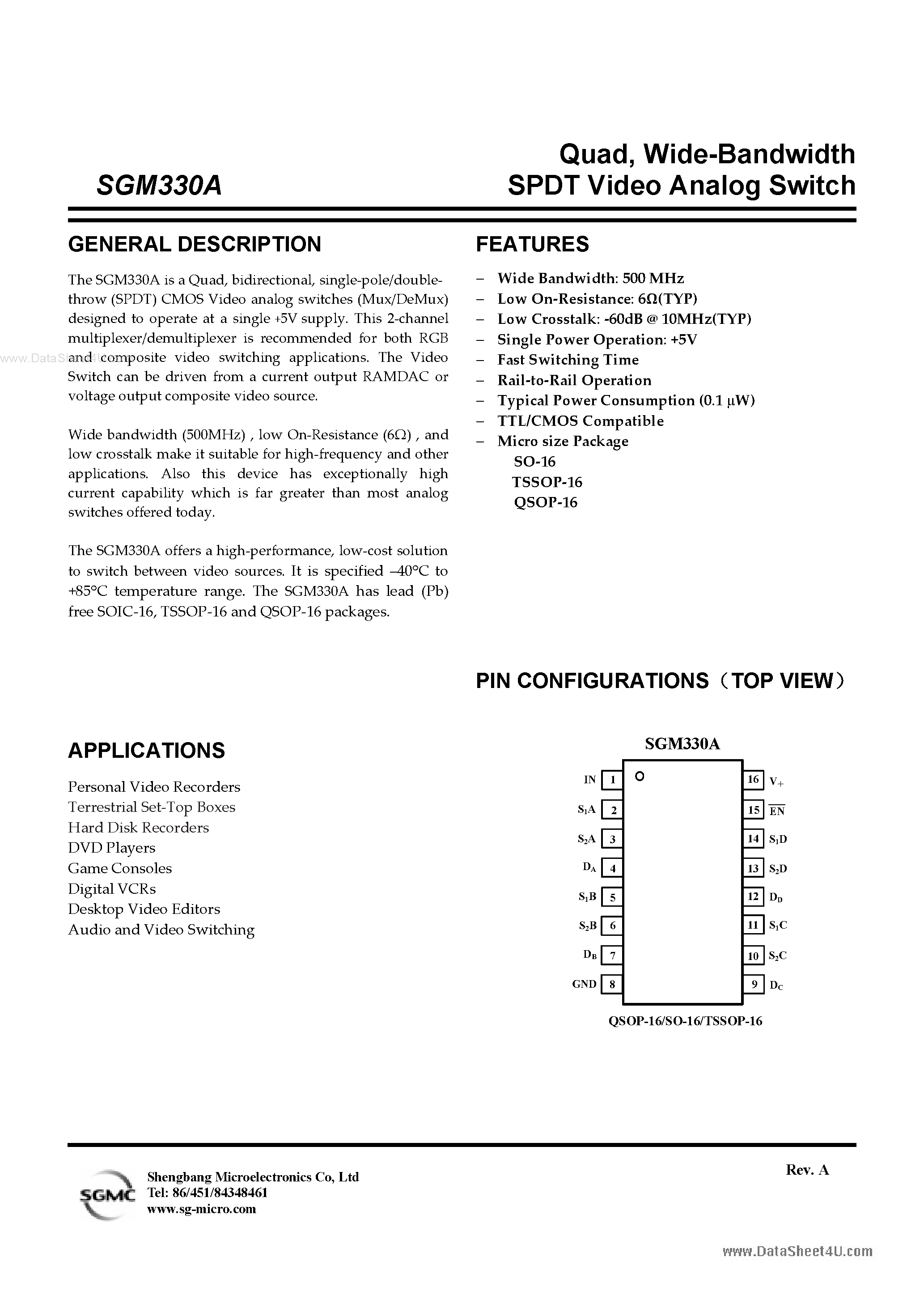 Datasheet SGM330A page 1 Datasheet SGM330A - Wide-Bandwidth SPDT Video Analog Switch page 1
