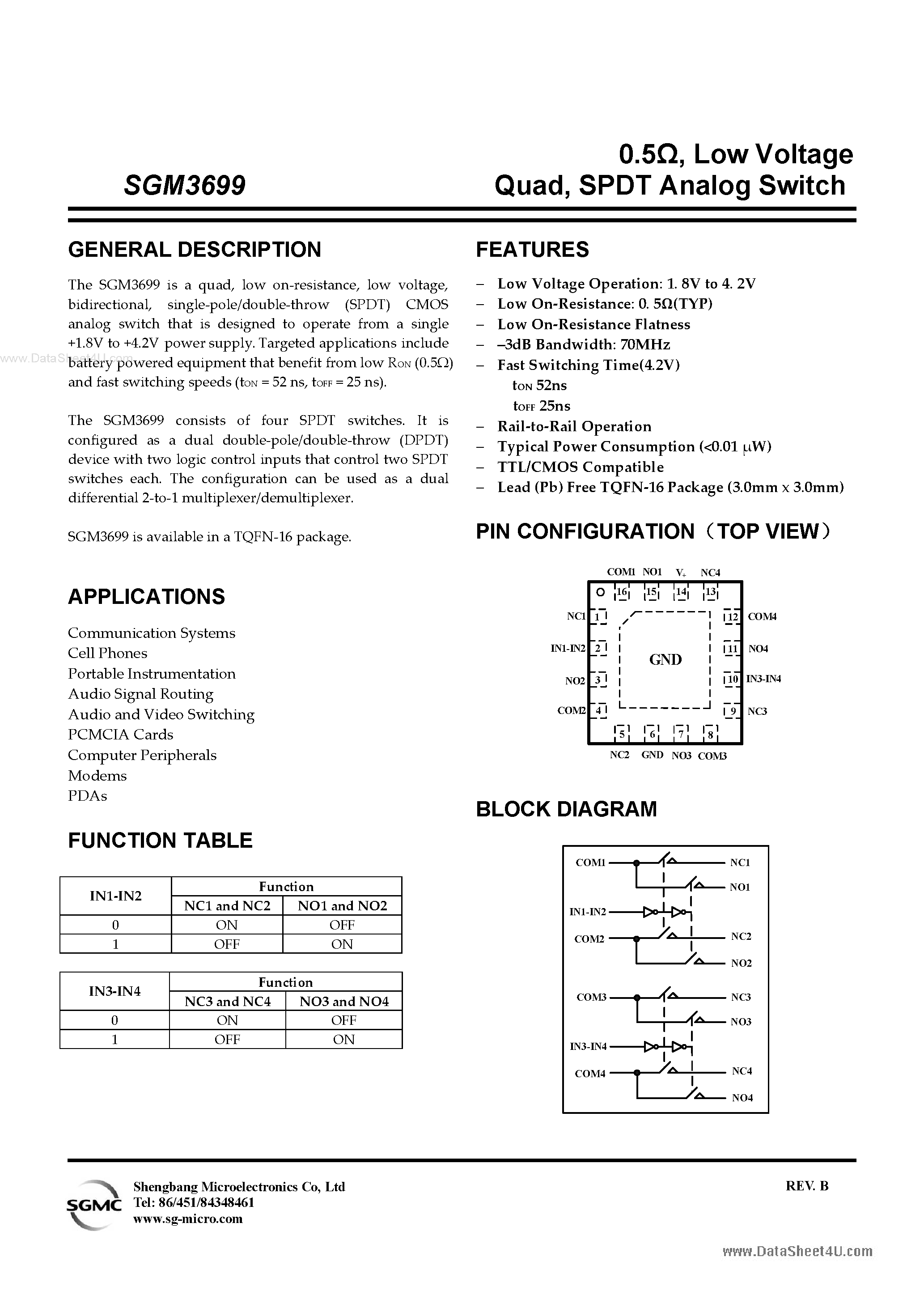 Datasheet SGM3699 page 1 Datasheet SGM3699 - SPDT Analog Switch page 1