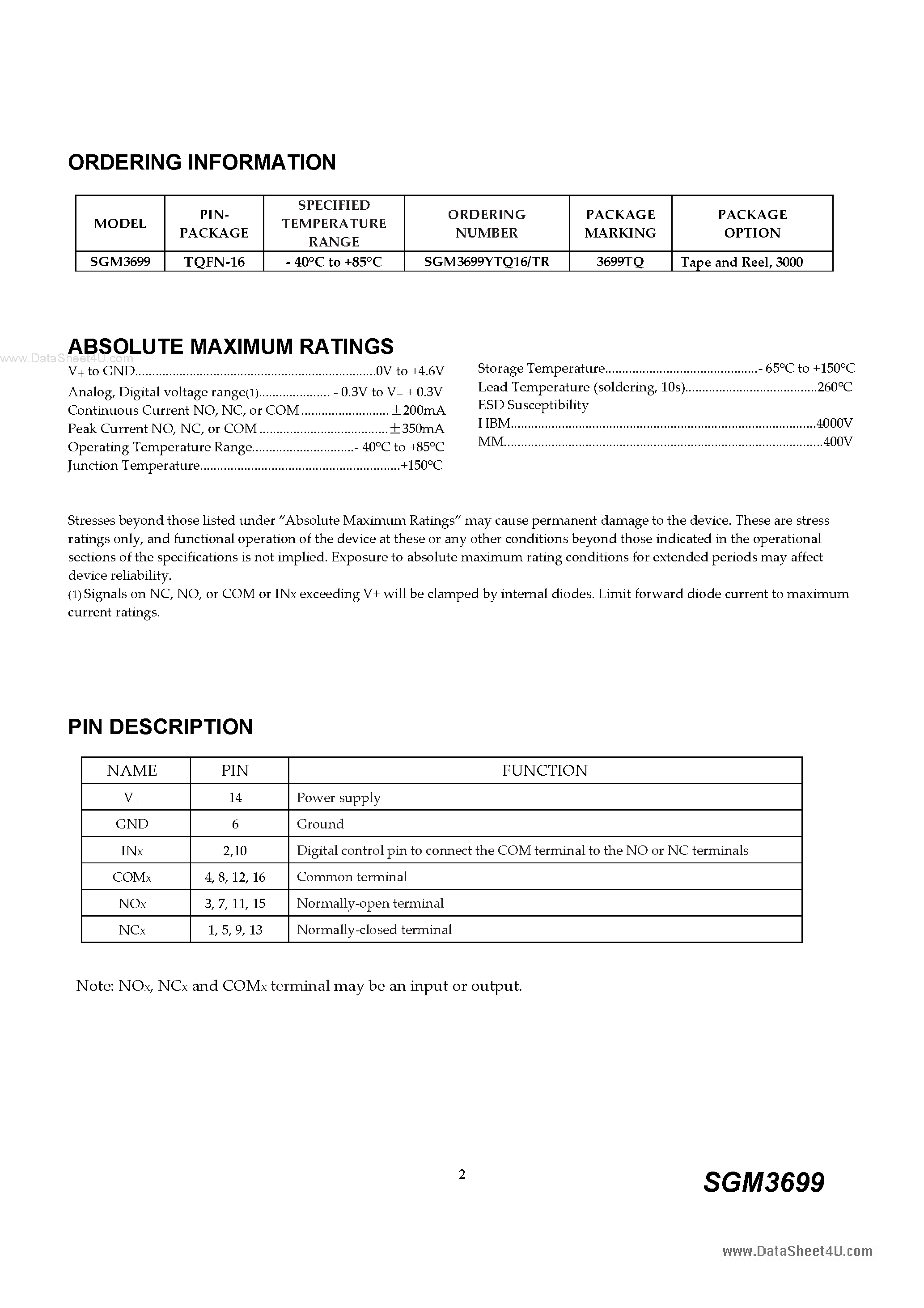 Datasheet SGM3699 page 2 Datasheet SGM3699 - SPDT Analog Switch page 2