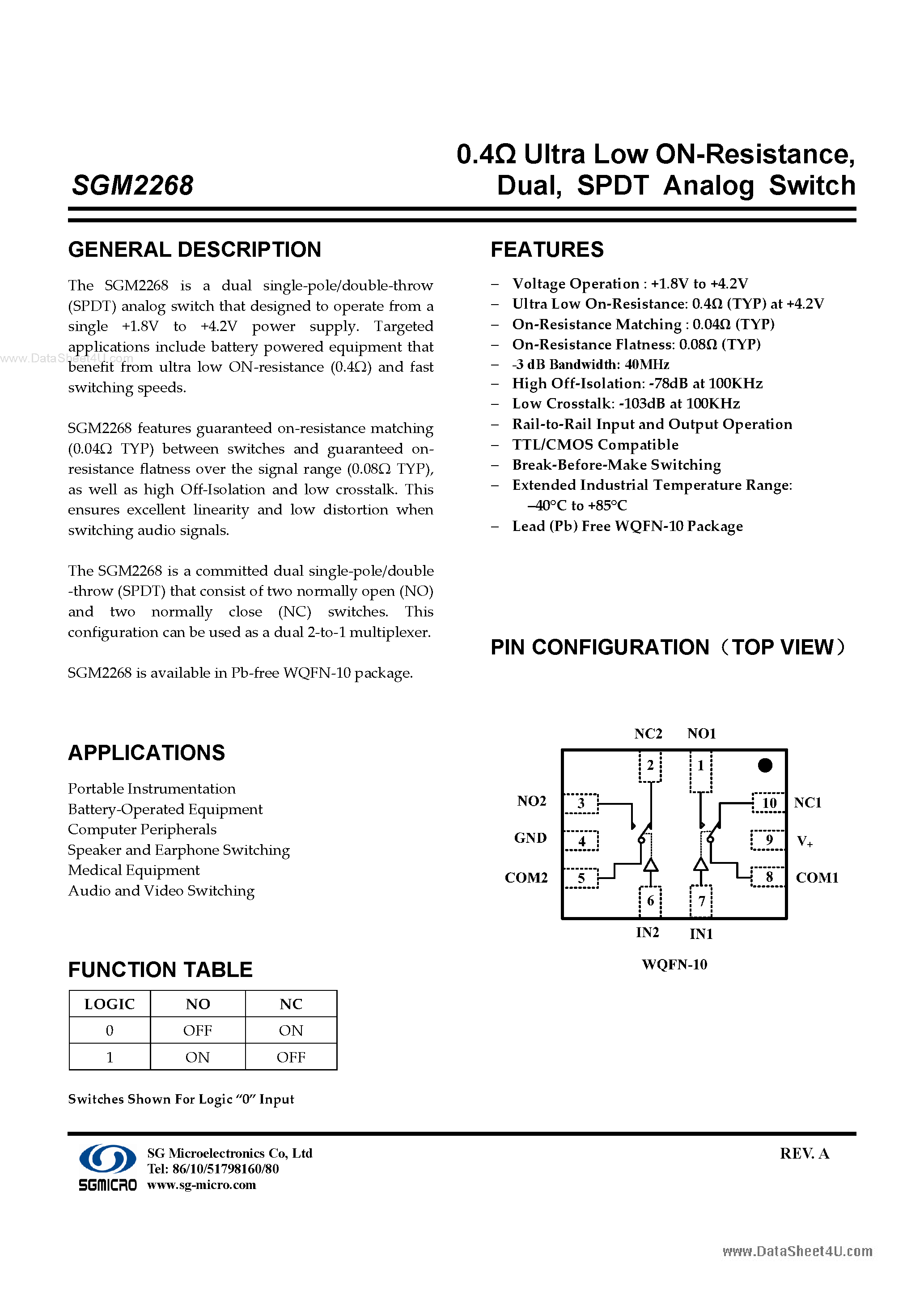 Datasheet SGM2268 page 1 Datasheet SGM2268 - SPDT Analog Switch page 1