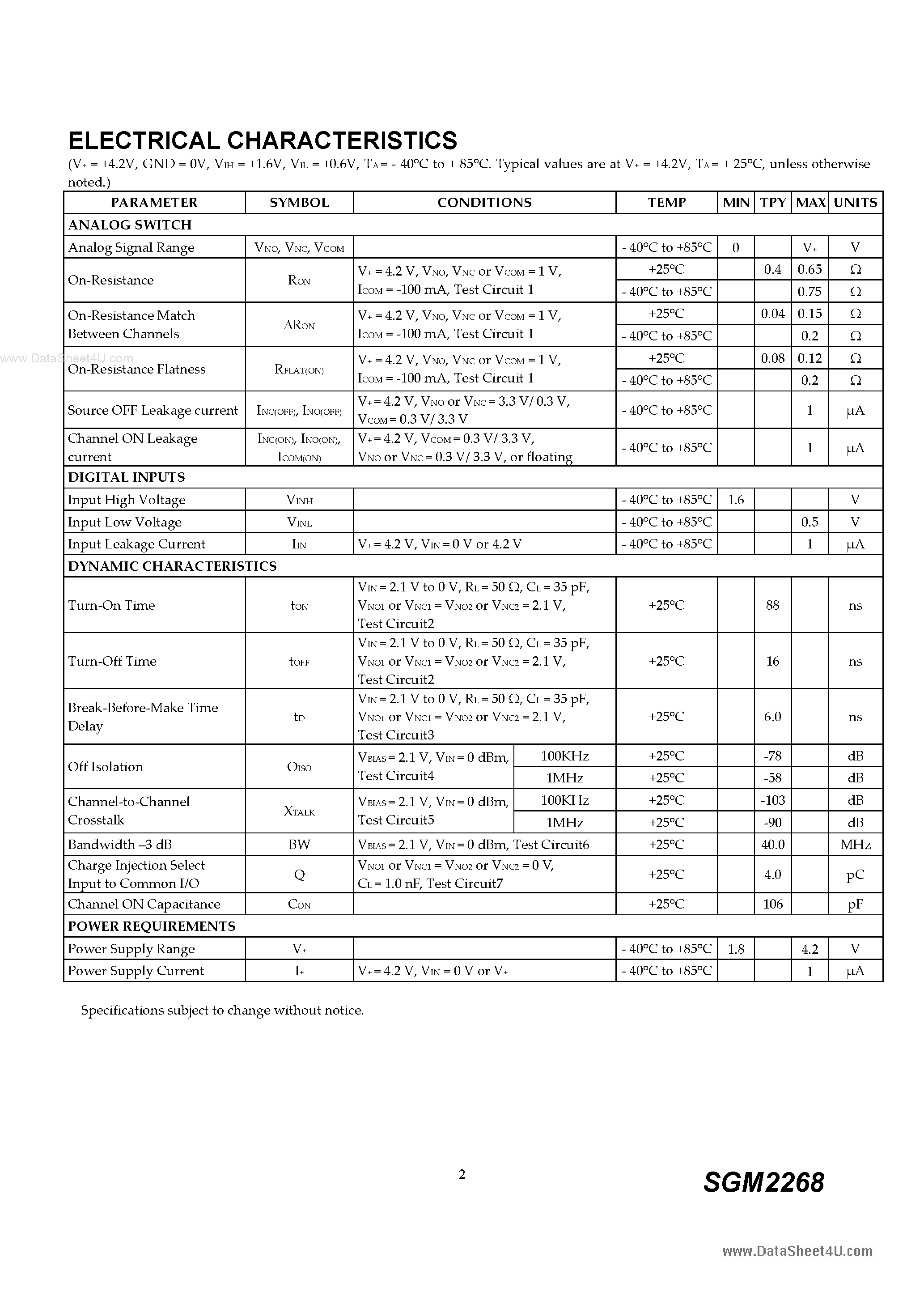 Datasheet SGM2268 page 2 Datasheet SGM2268 - SPDT Analog Switch page 2