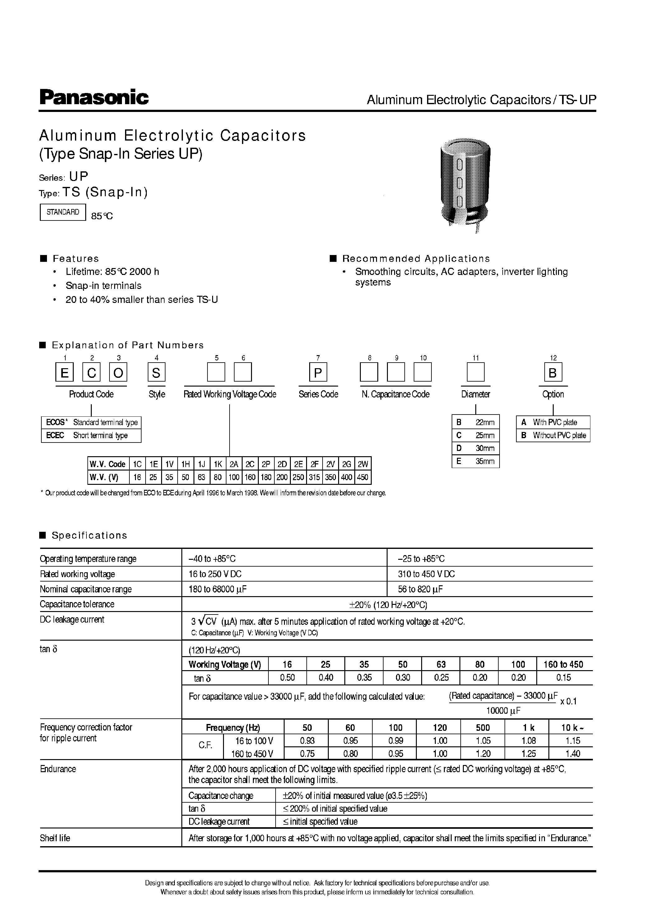Datasheet ECOS2AA331BA page 1 Datasheet ECOS2AA331BA - Aluminum Electrolytic Capacitors page 1