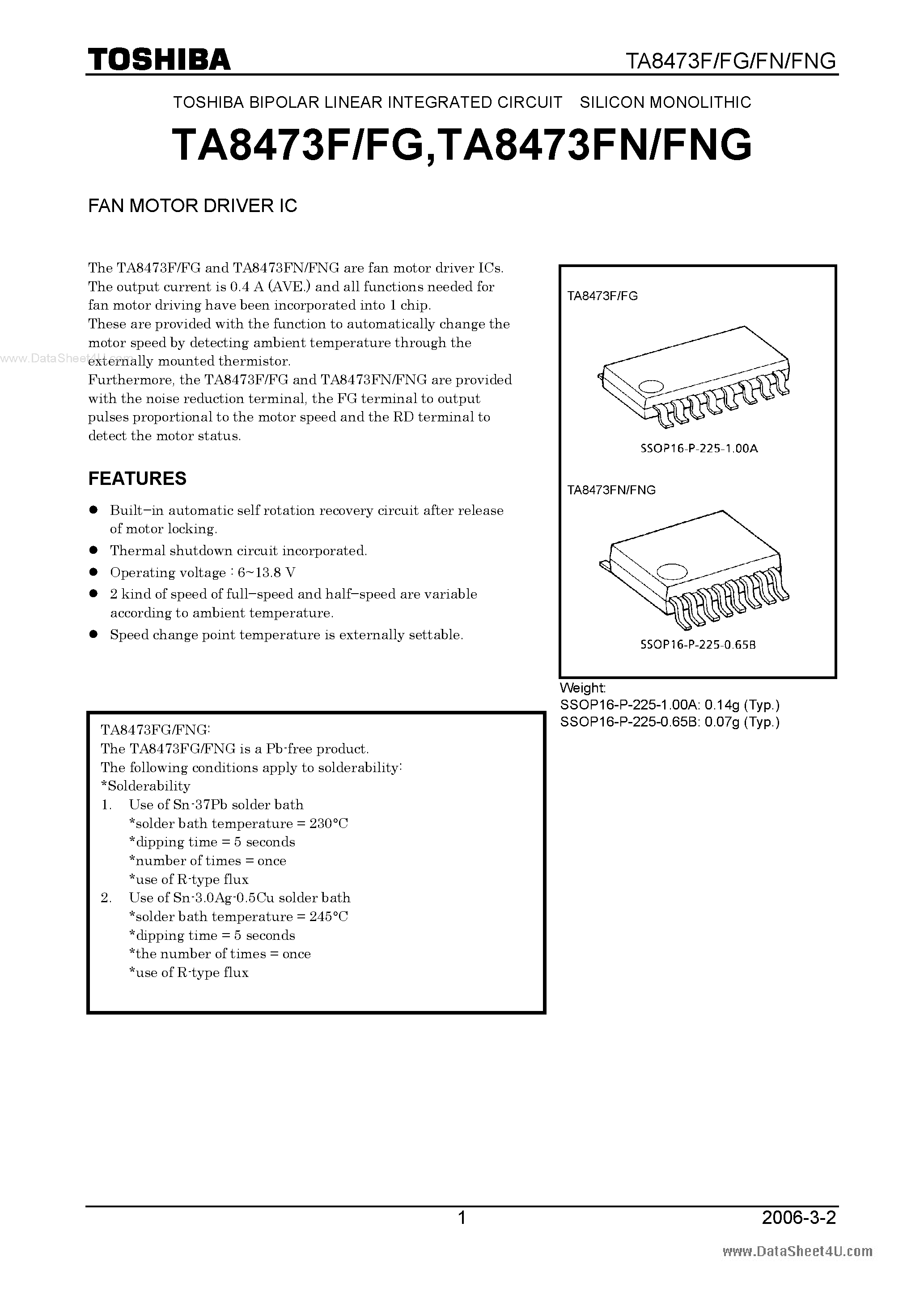 Datasheet TA8473F - FAN MOTOR DRIVER IC page 1