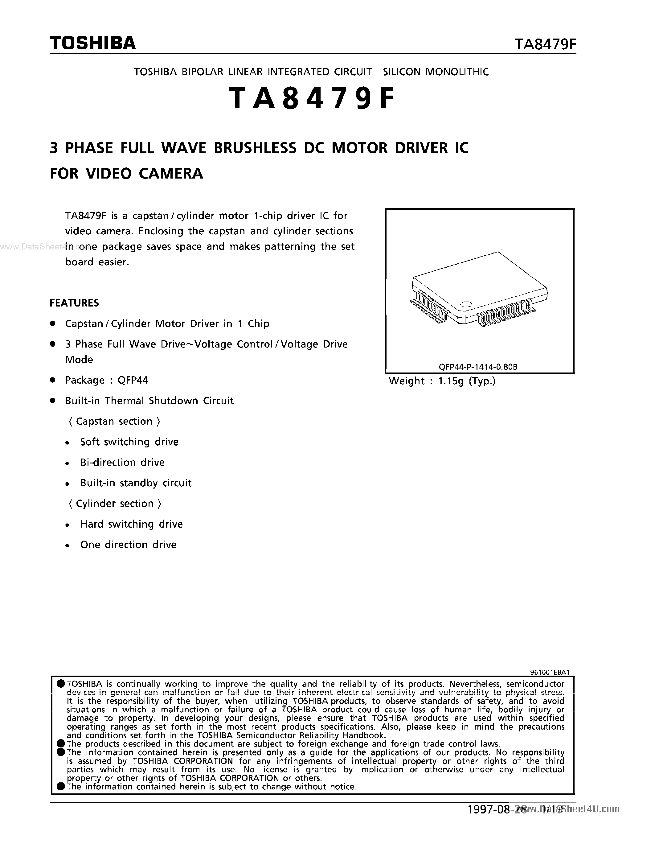 Datasheet TA8479F - 3 PHASE FULL WAVE BRUSHLESS DC MOTOR DRIVER IC page 1