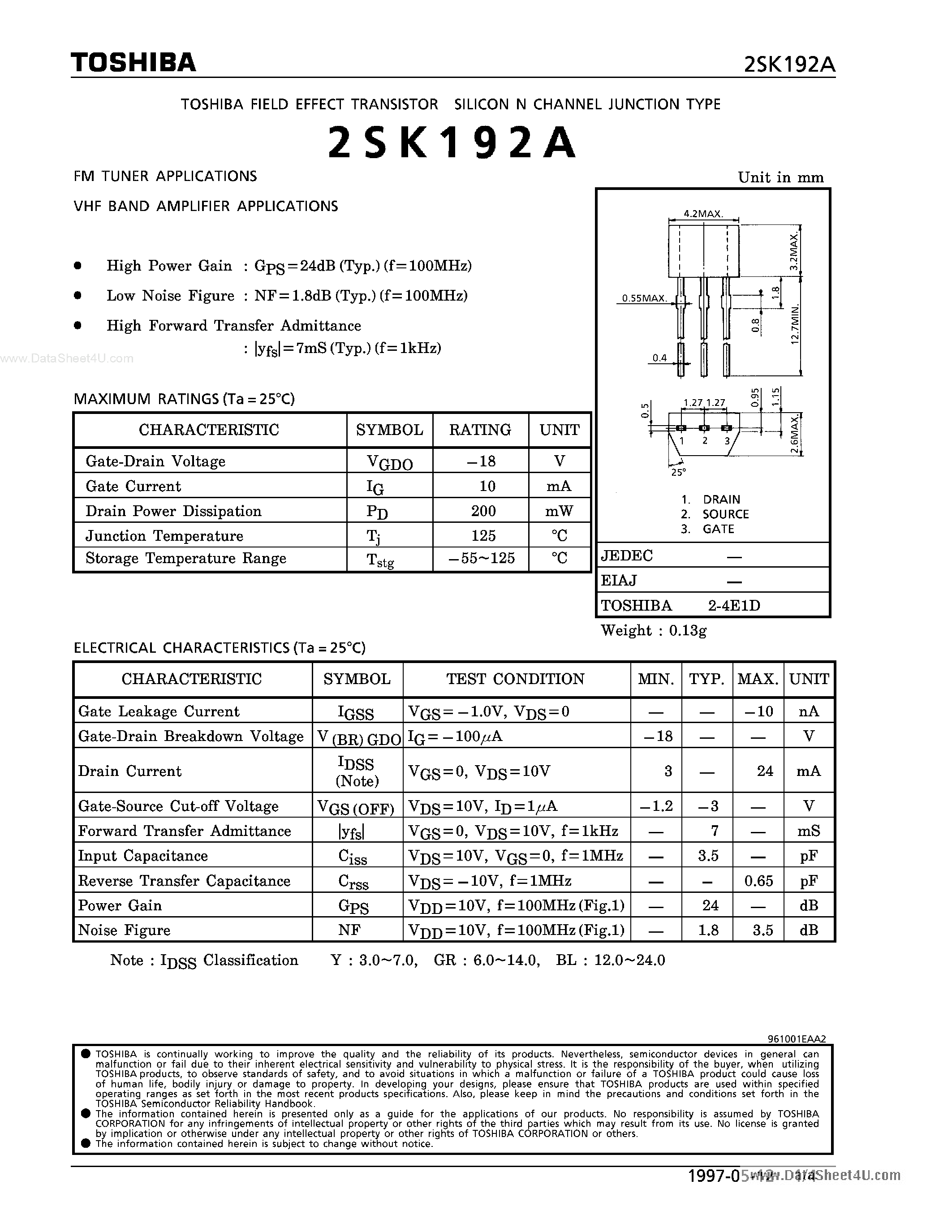 Datasheet K192A page 1 Datasheet K192A - Search -----> 2SK192A page 1