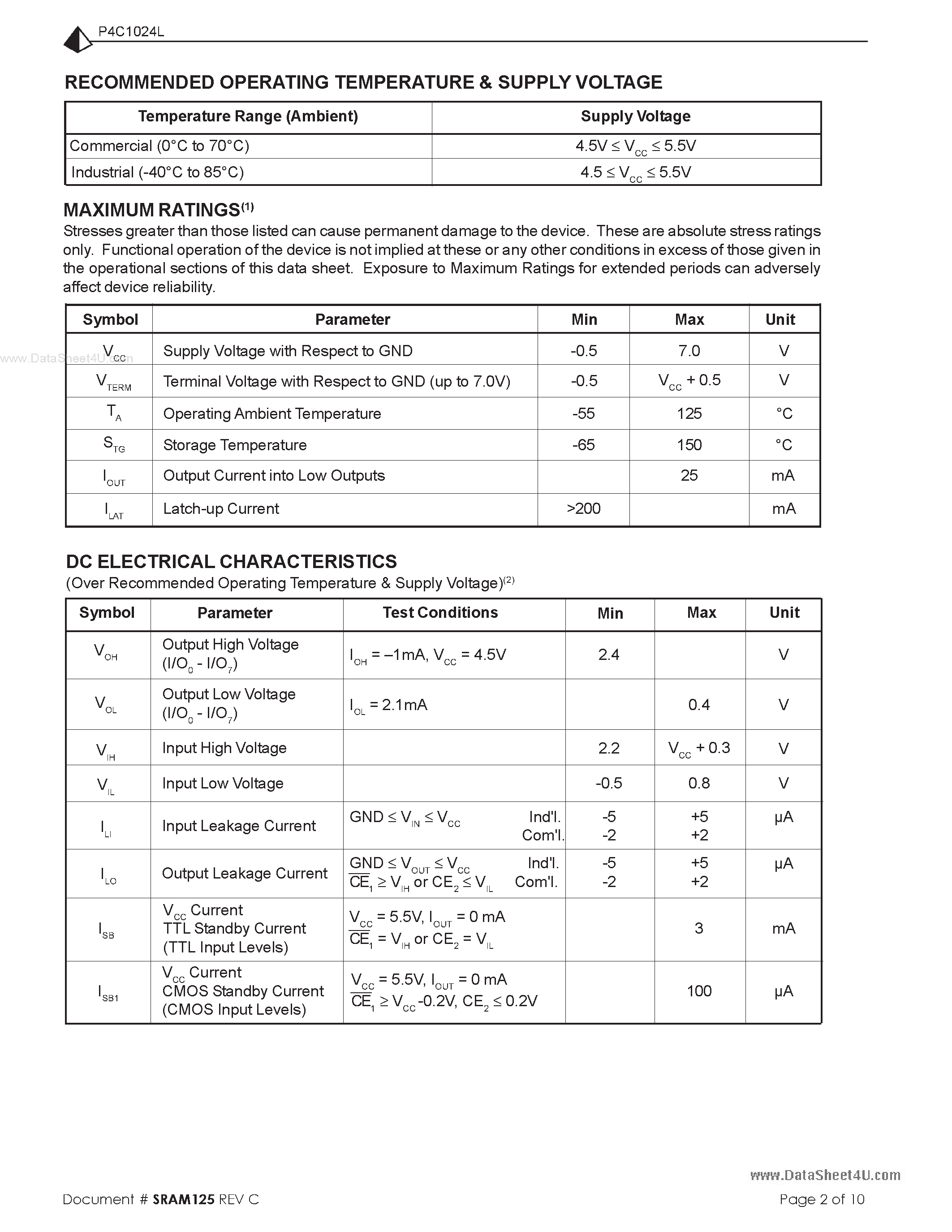 Datasheet P4C1024L - LOW POWER 128K x 8 CMOS STATIC RAM page 2