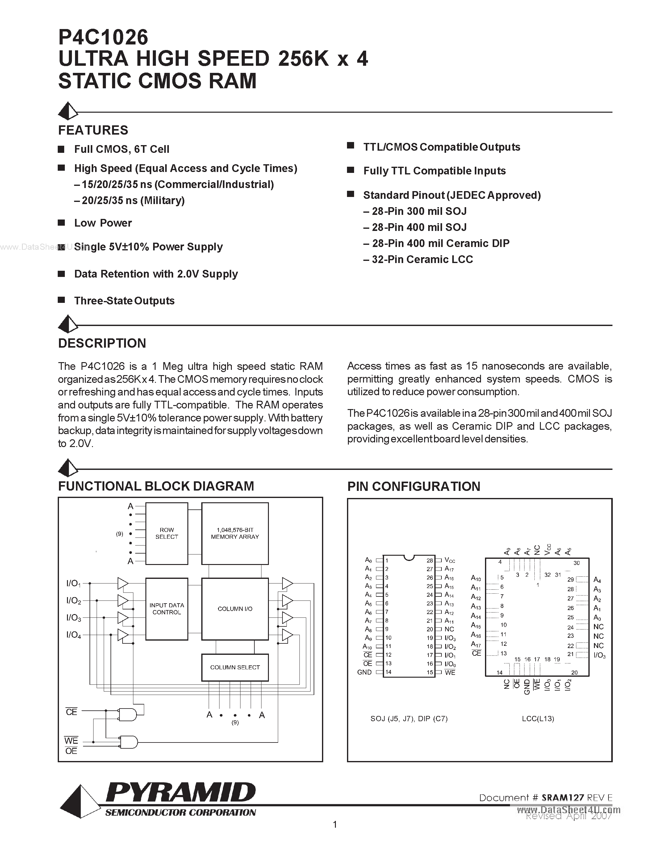 Datasheet P4C1026 - ULTRA HIGH SPEED 256K x 4 STATIC CMOS RAM page 1