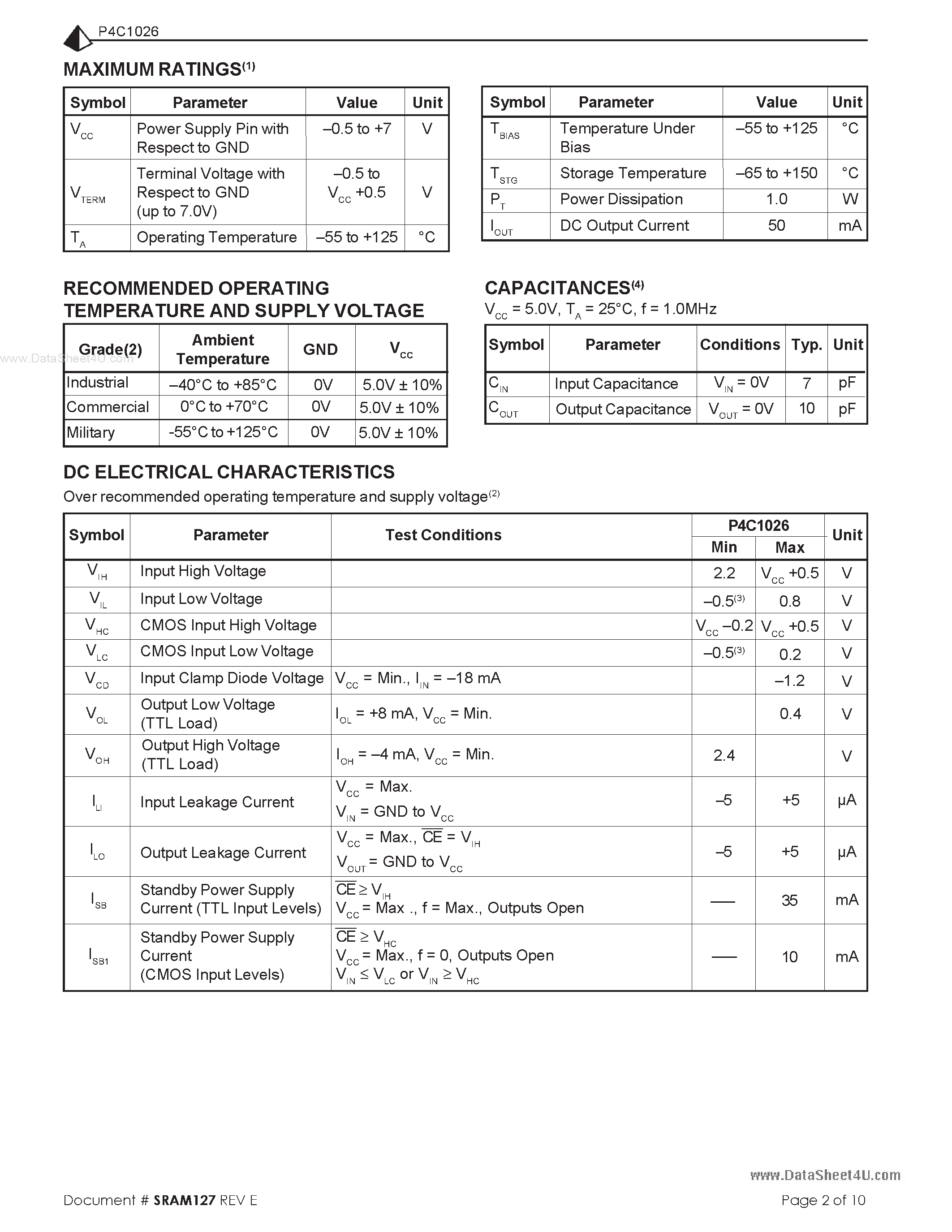 Datasheet P4C1026 - ULTRA HIGH SPEED 256K x 4 STATIC CMOS RAM page 2