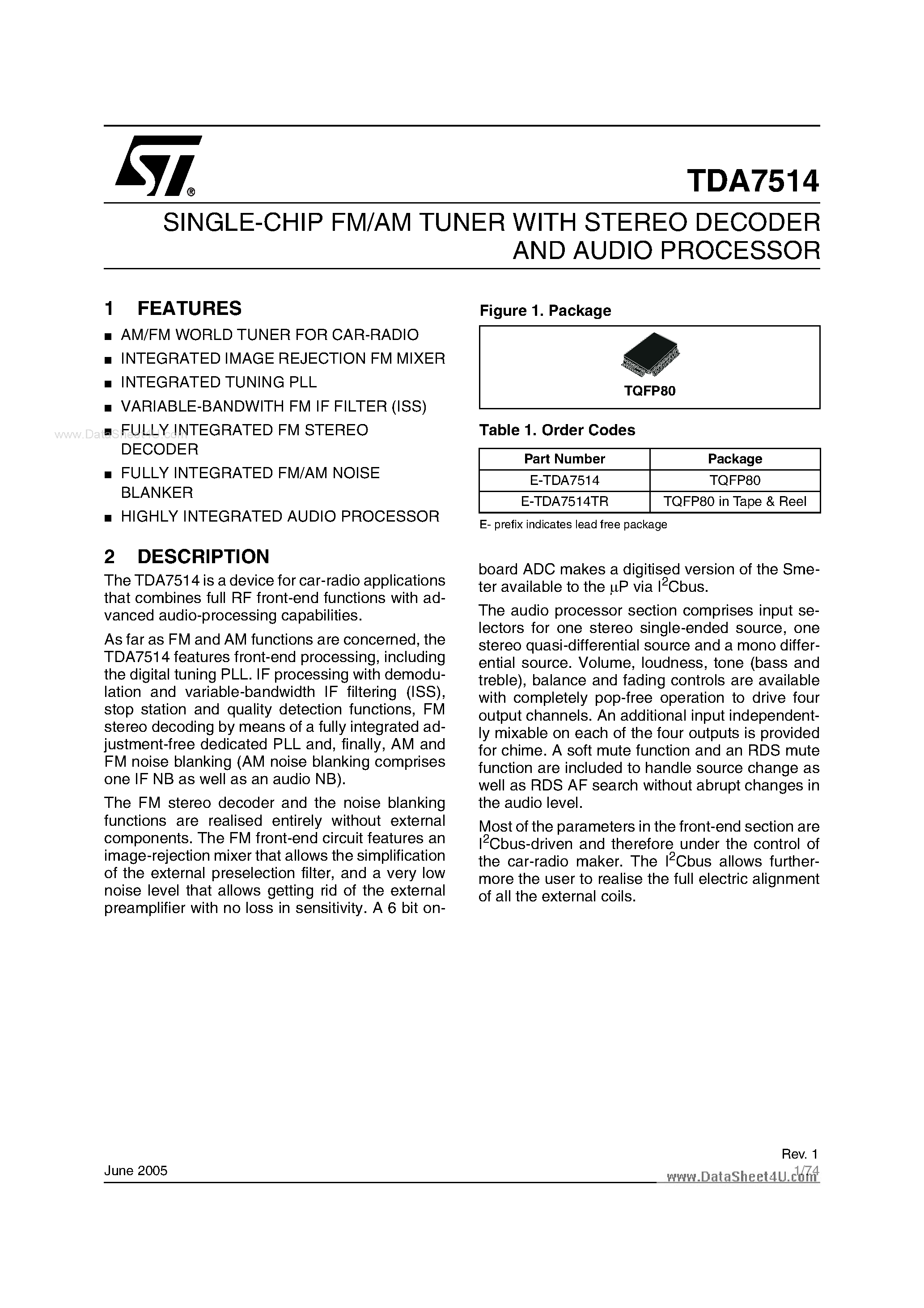 Datasheet TDA7514 - SINGLE-CHIP FM/AM TUNER page 1