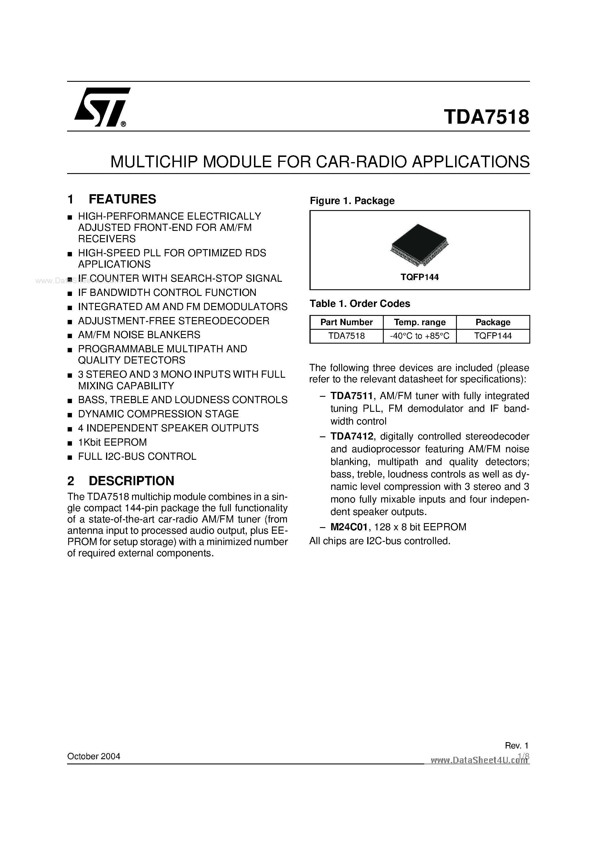 Datasheet TDA7518 - MULTICHIP MODULE page 1