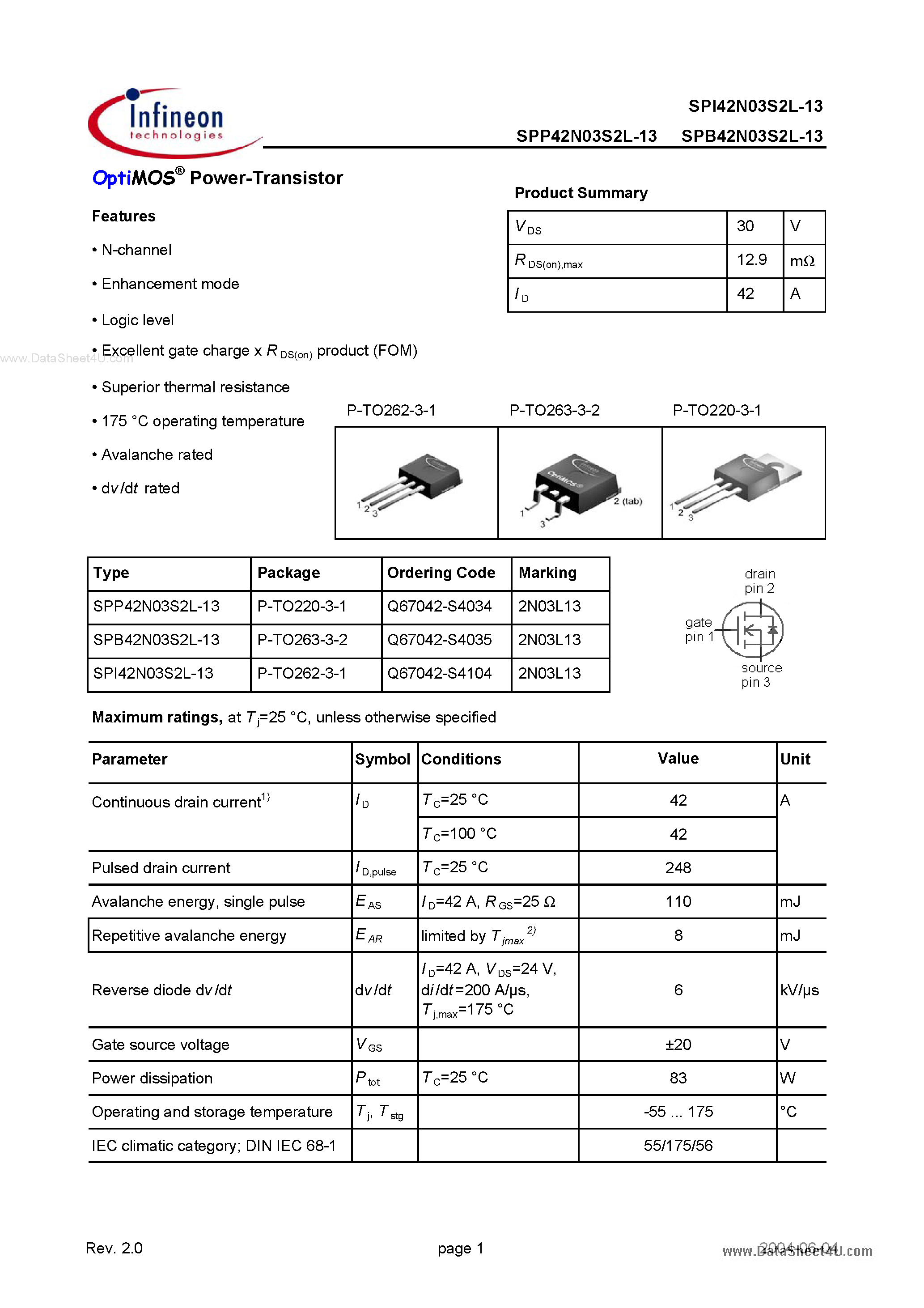 Даташит на микросхему SPI42N03S2L-13 страница 1 Даташит SPI42N03S2L-13 - OptiMOS Power-Transistor страница 1
